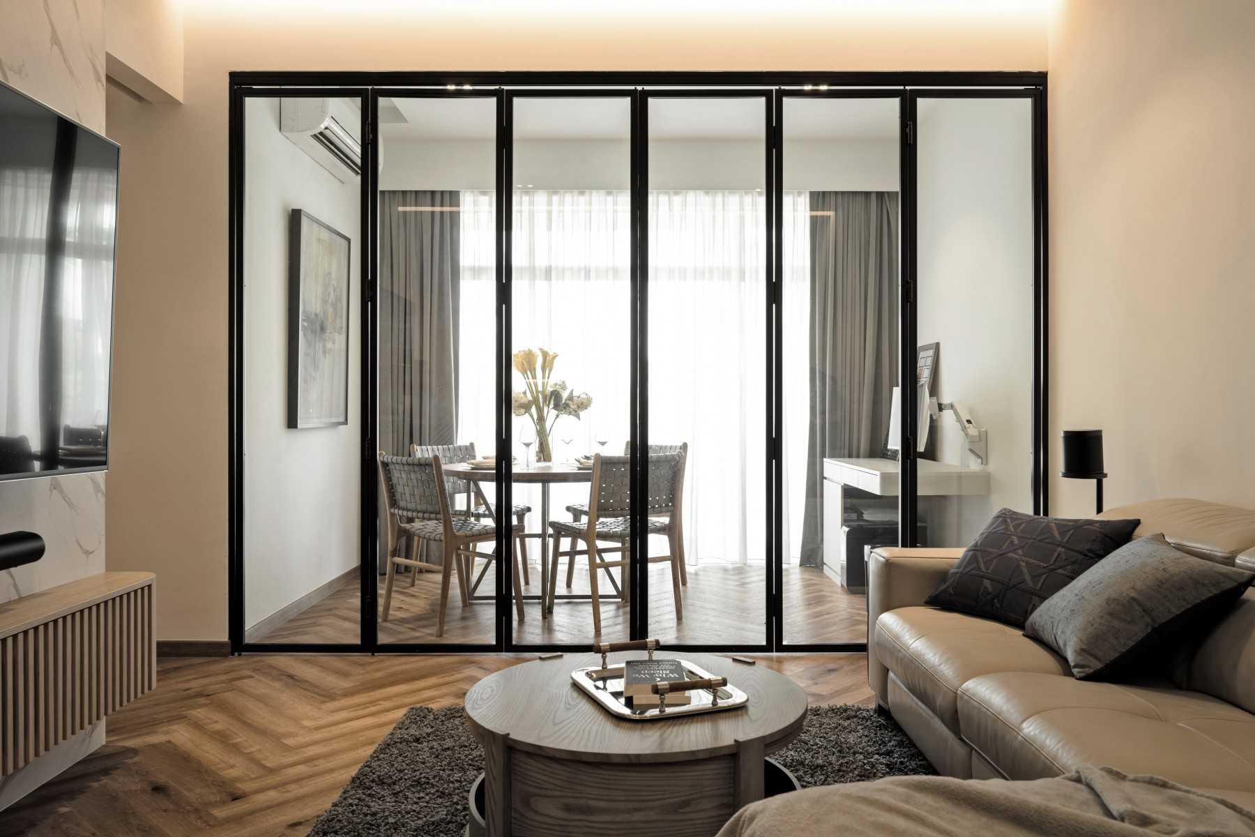 Transitional Living Room with TV Console and Feature Wall