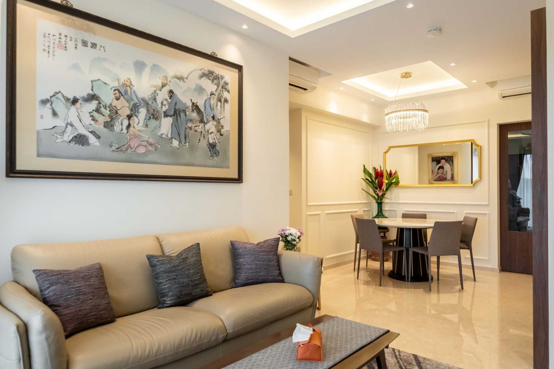Modern Living Room with TV Console and Chandelier