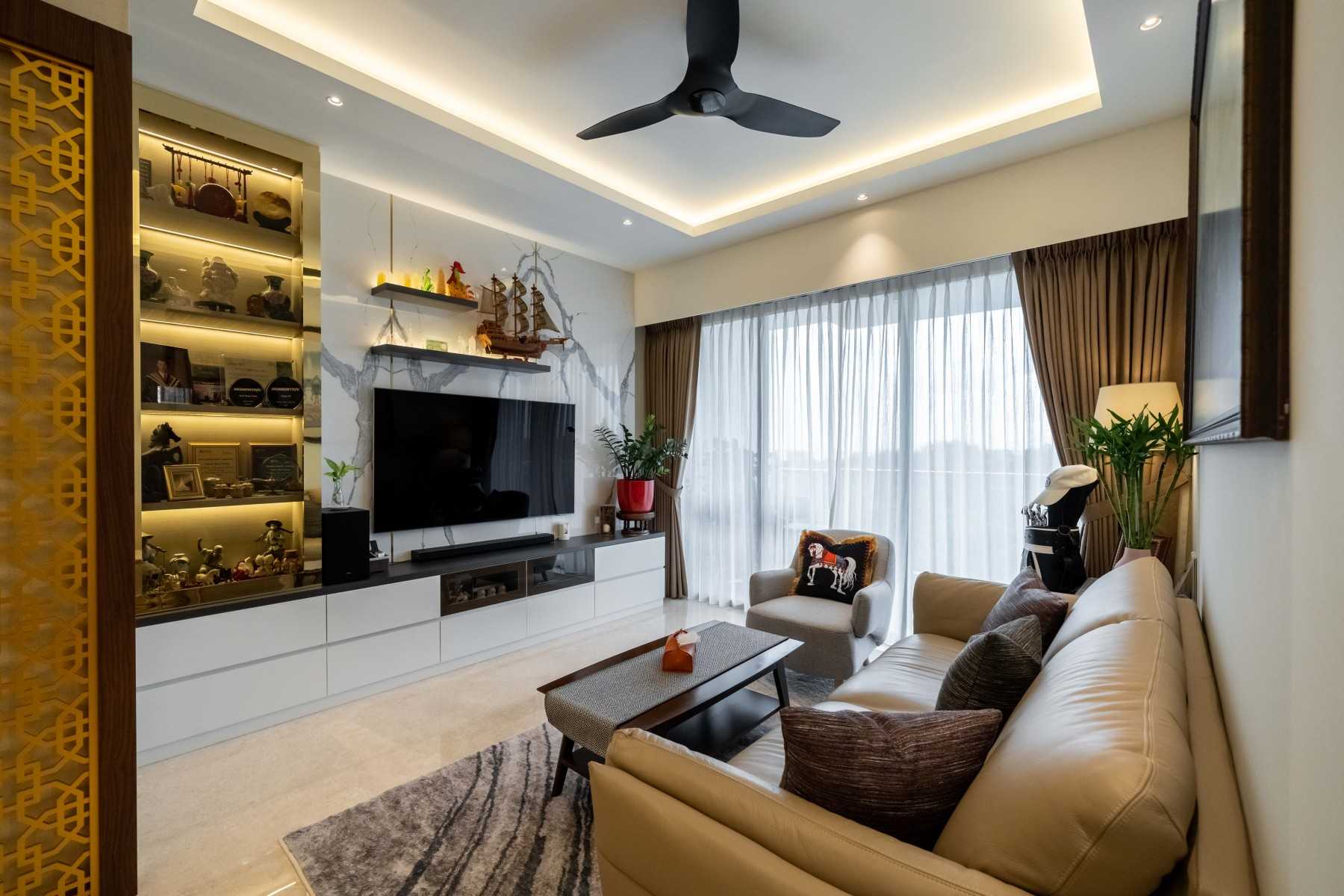 Modern Living Room with Homogeneous Tiles and Drop Ceiling