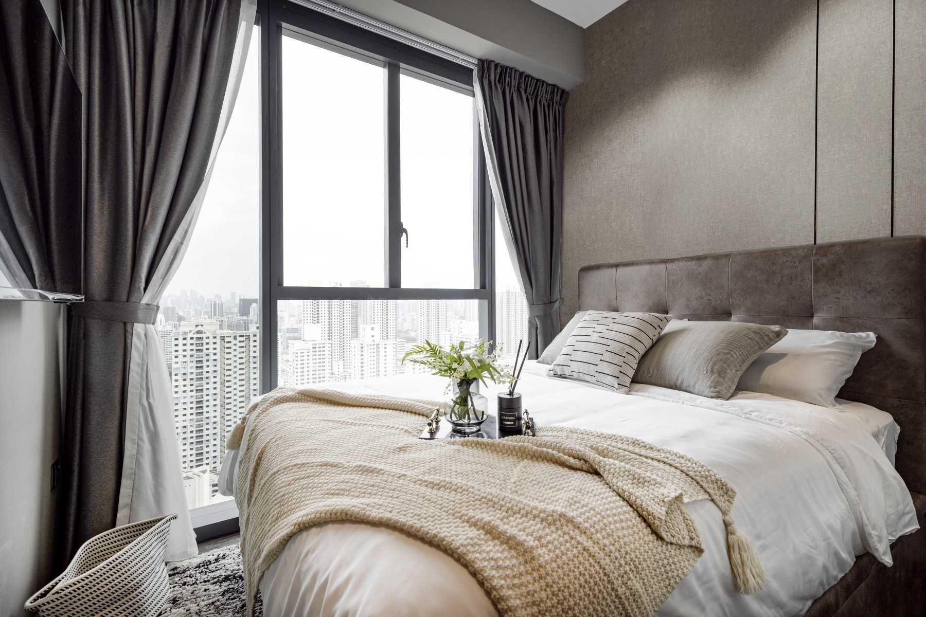Contemporary Bedroom with Cove Lighting and Built-in Bed