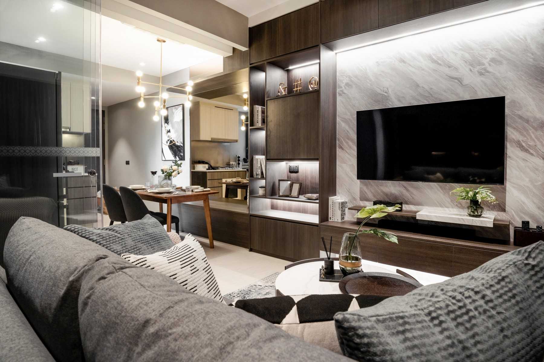 Contemporary Living Room with TV Console and Feature Wall