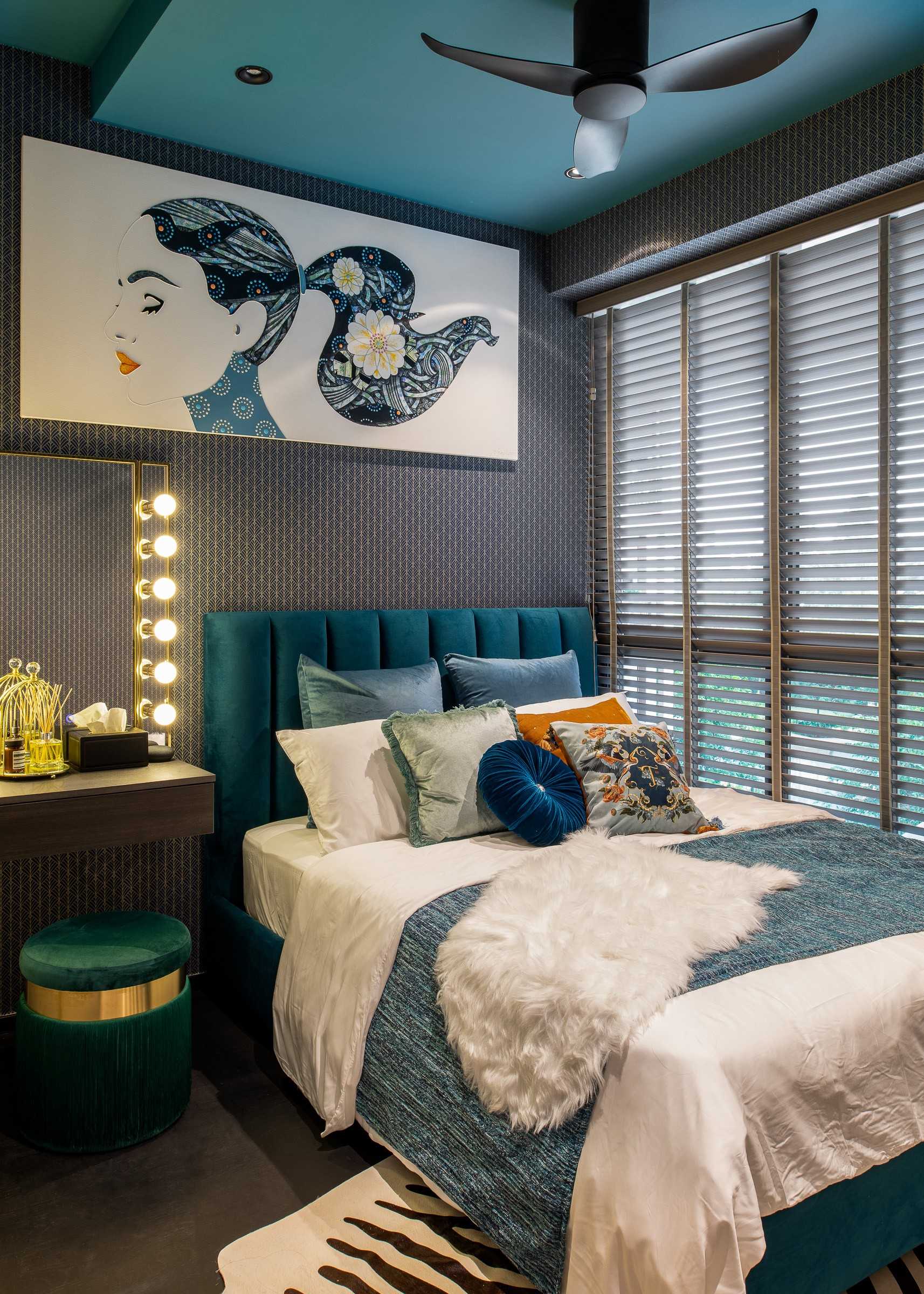 Eclectic Bedroom with Cove Lighting and Queen Bed