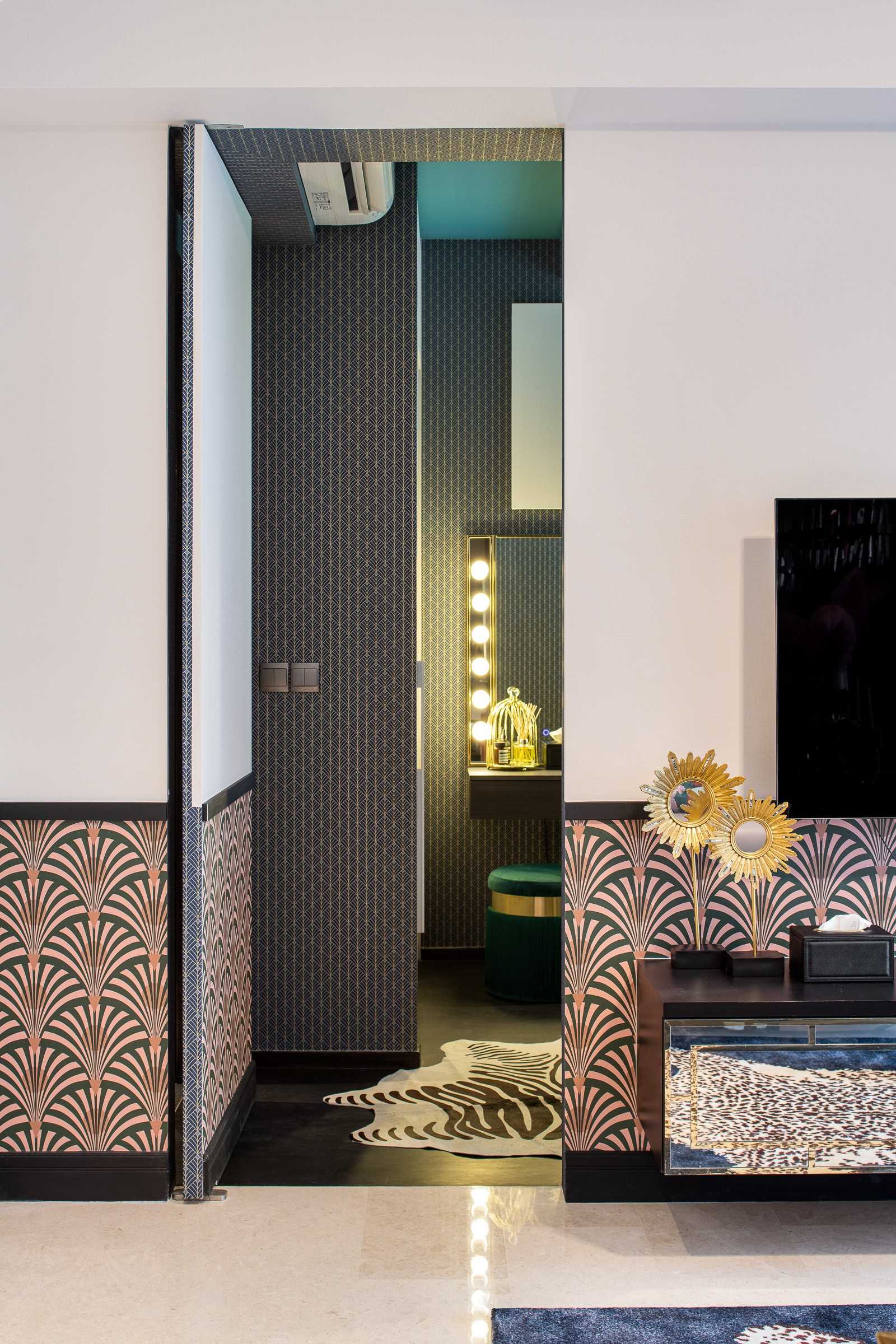 Eclectic Living Room with TV Console and Feature Wall