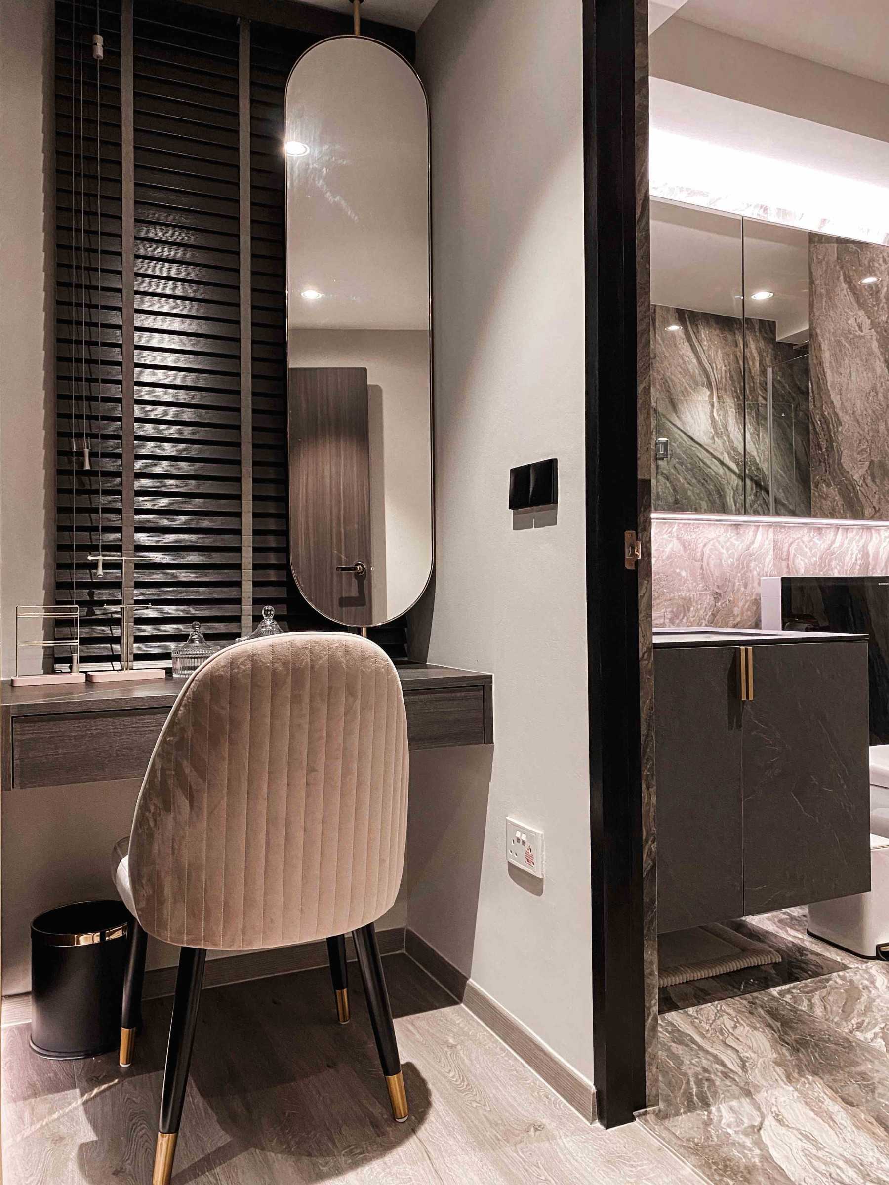 Modern Walk-in Wardrobe with Mirror and Vanity Counter