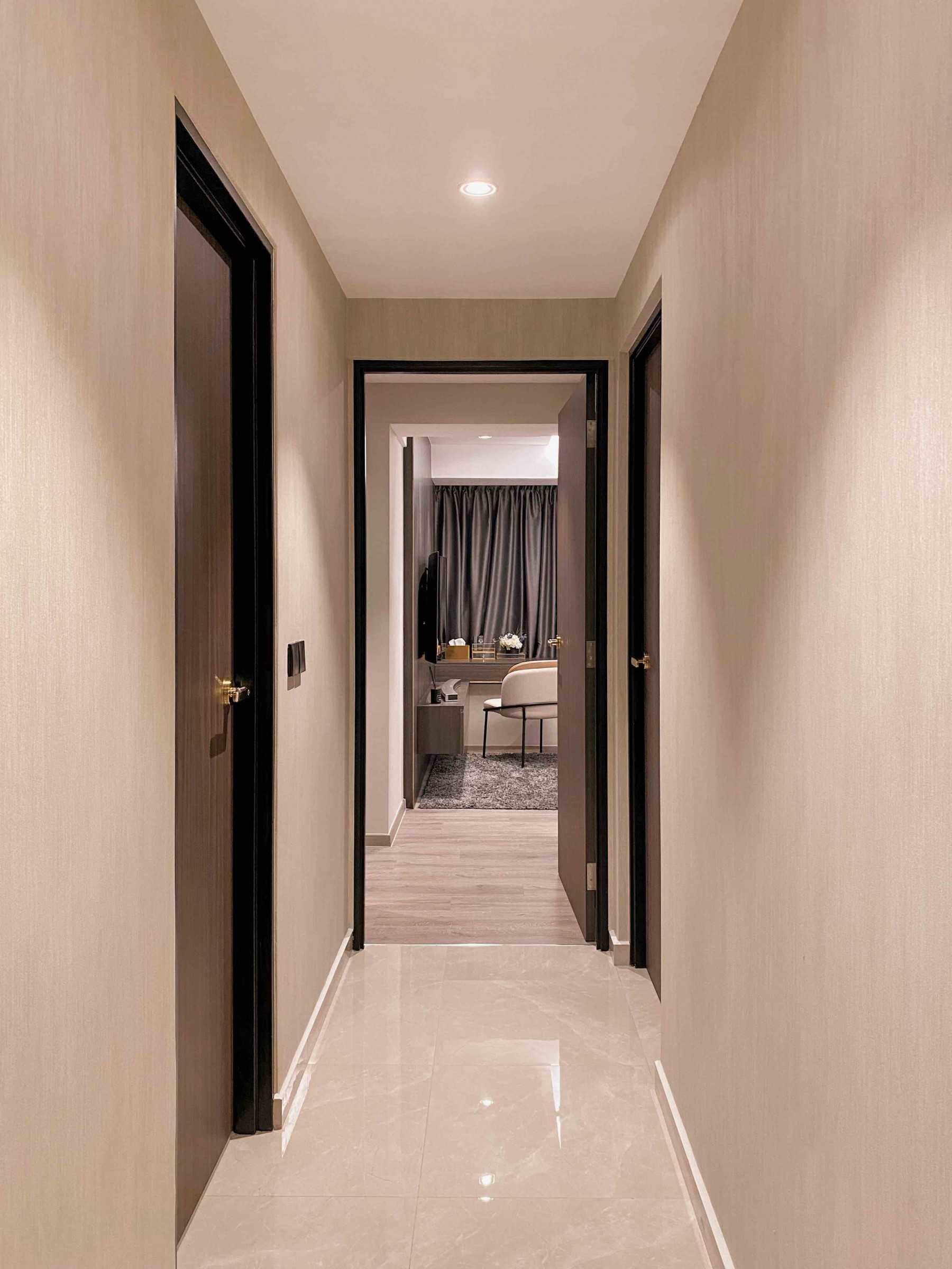 Modern Hallway with Bookshelf and Artwork