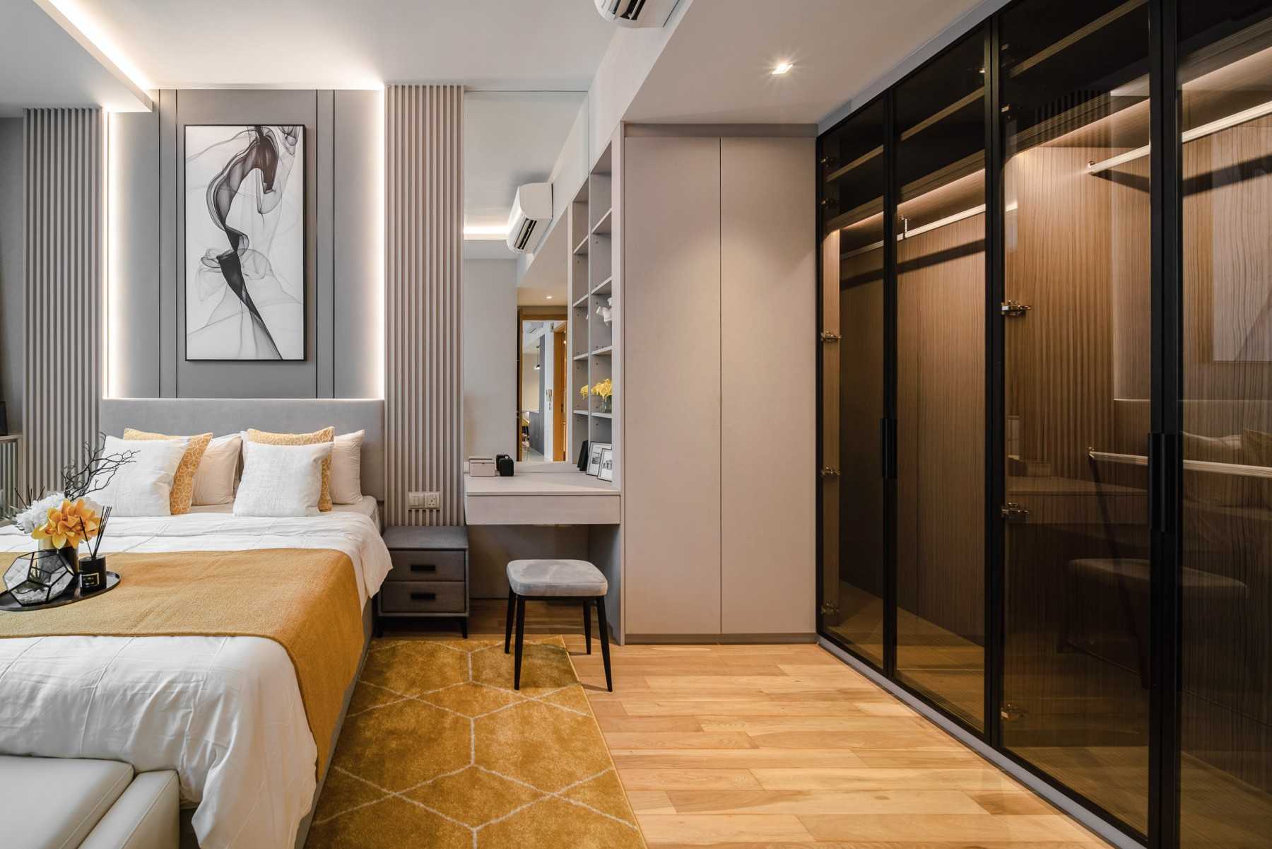 Contemporary Bedroom with Cove Lighting and Built-in Bed