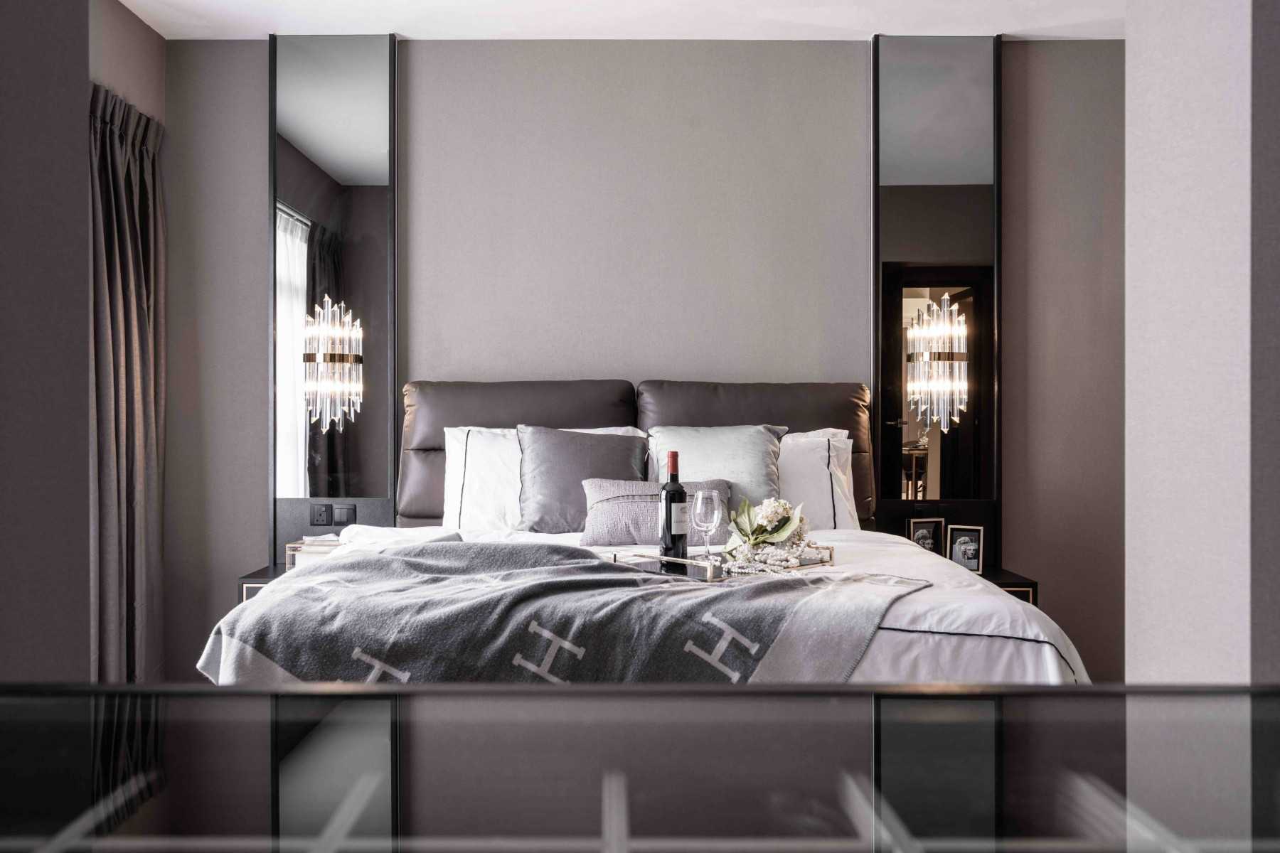 Contemporary Bedroom with Cove Lighting and Built-in Bed