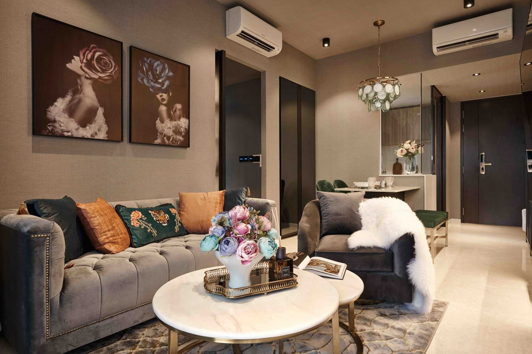 Eclectic Living Room with Feature Wall and Cove Lighting