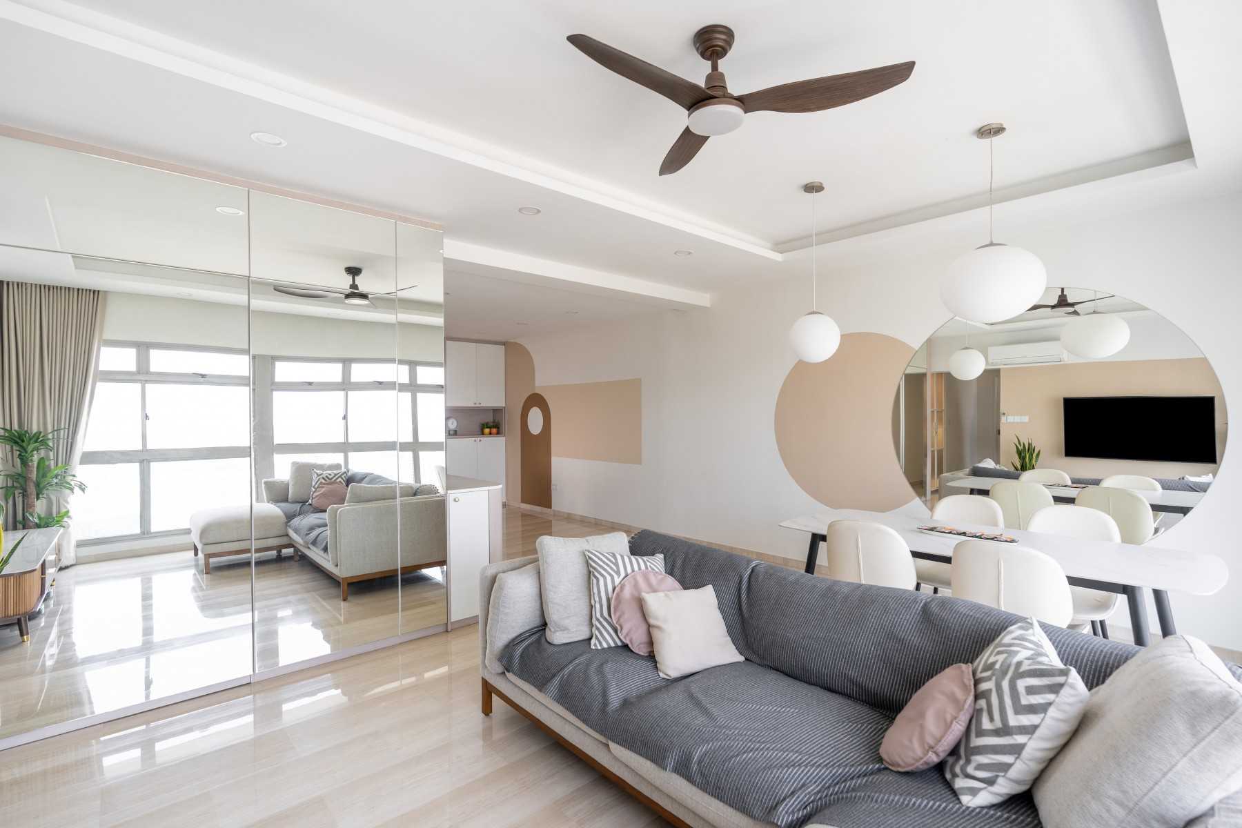 Minimalist Living Room with Vinyl Flooring and Mirror