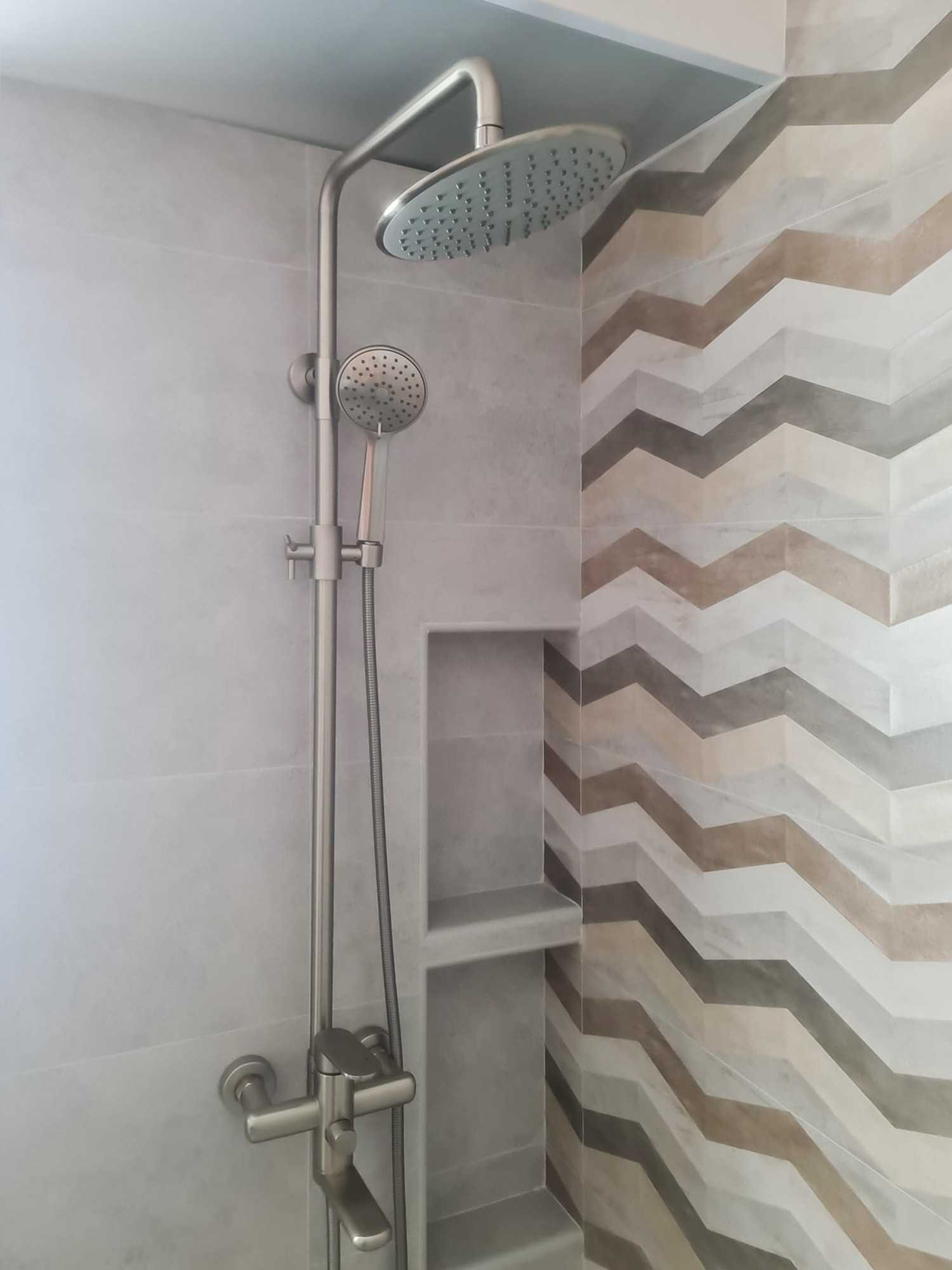 Scandinavian Bathroom with Feature Wall and Bathroom Storage