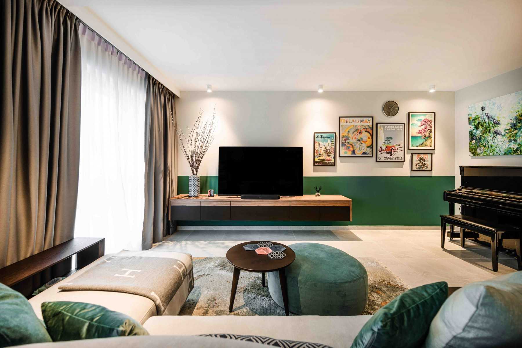 Eclectic Living Room with TV Console and Feature Wall