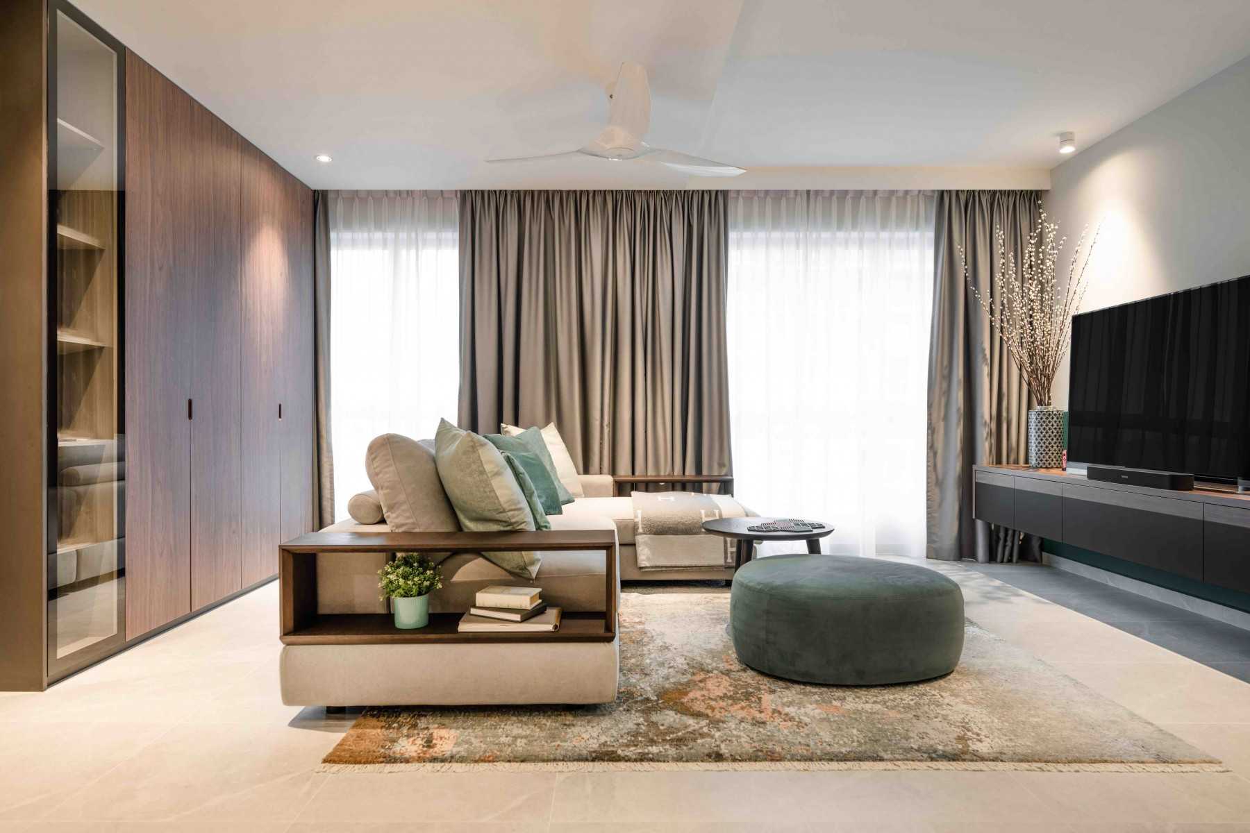 Eclectic Living Room with TV Console and Feature Wall