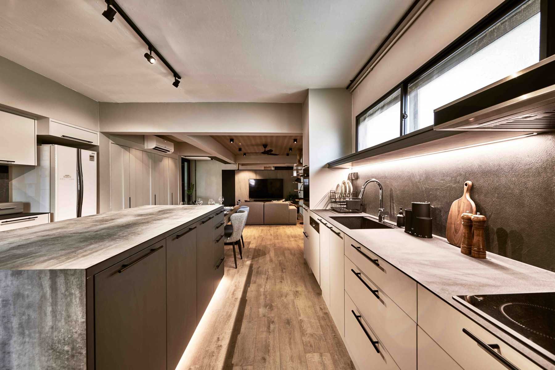 Industrial Kitchen with Kitchen Window and Kitchen Island