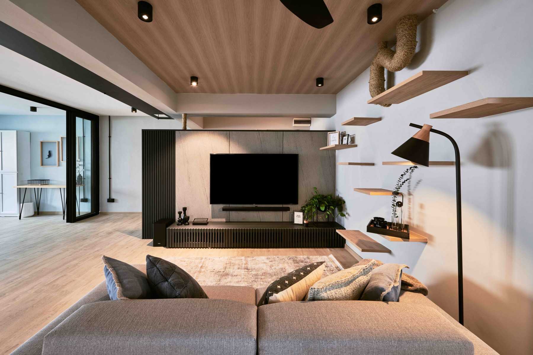 Industrial Living Room with Bookshelf and TV Console