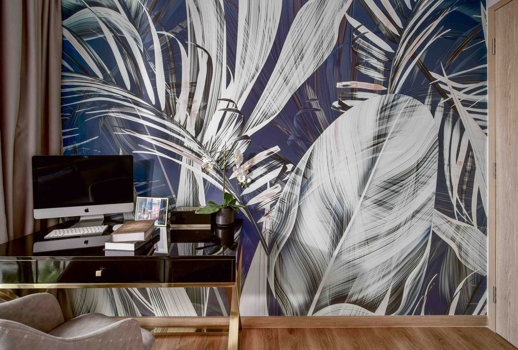 Eclectic Study with Cove Lighting and Storage Cabinets