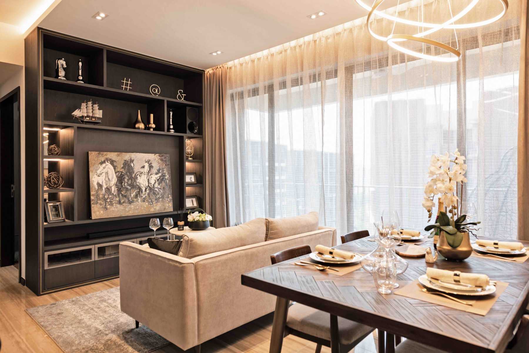 Modern Living Room with TV Console and Cove Lighting