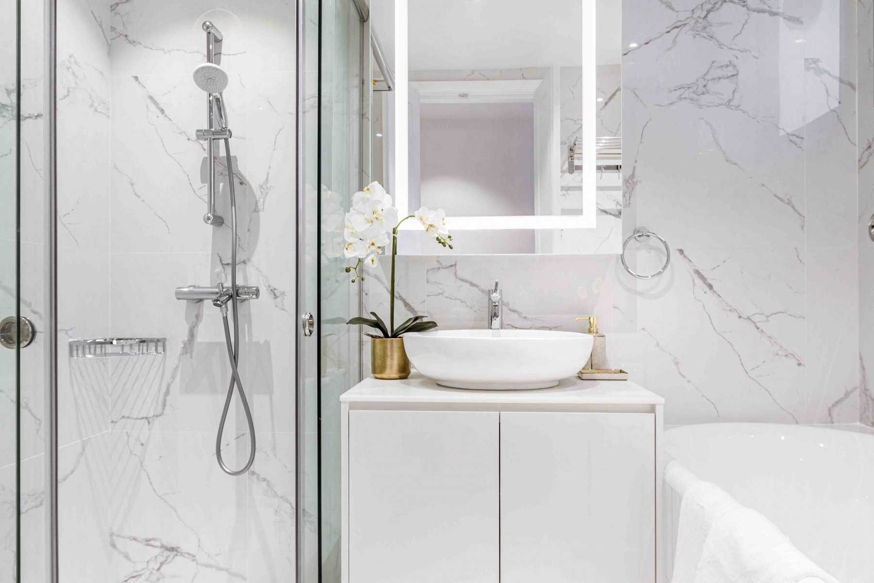 Transitional Bathroom with Mirror and Bathroom Storage