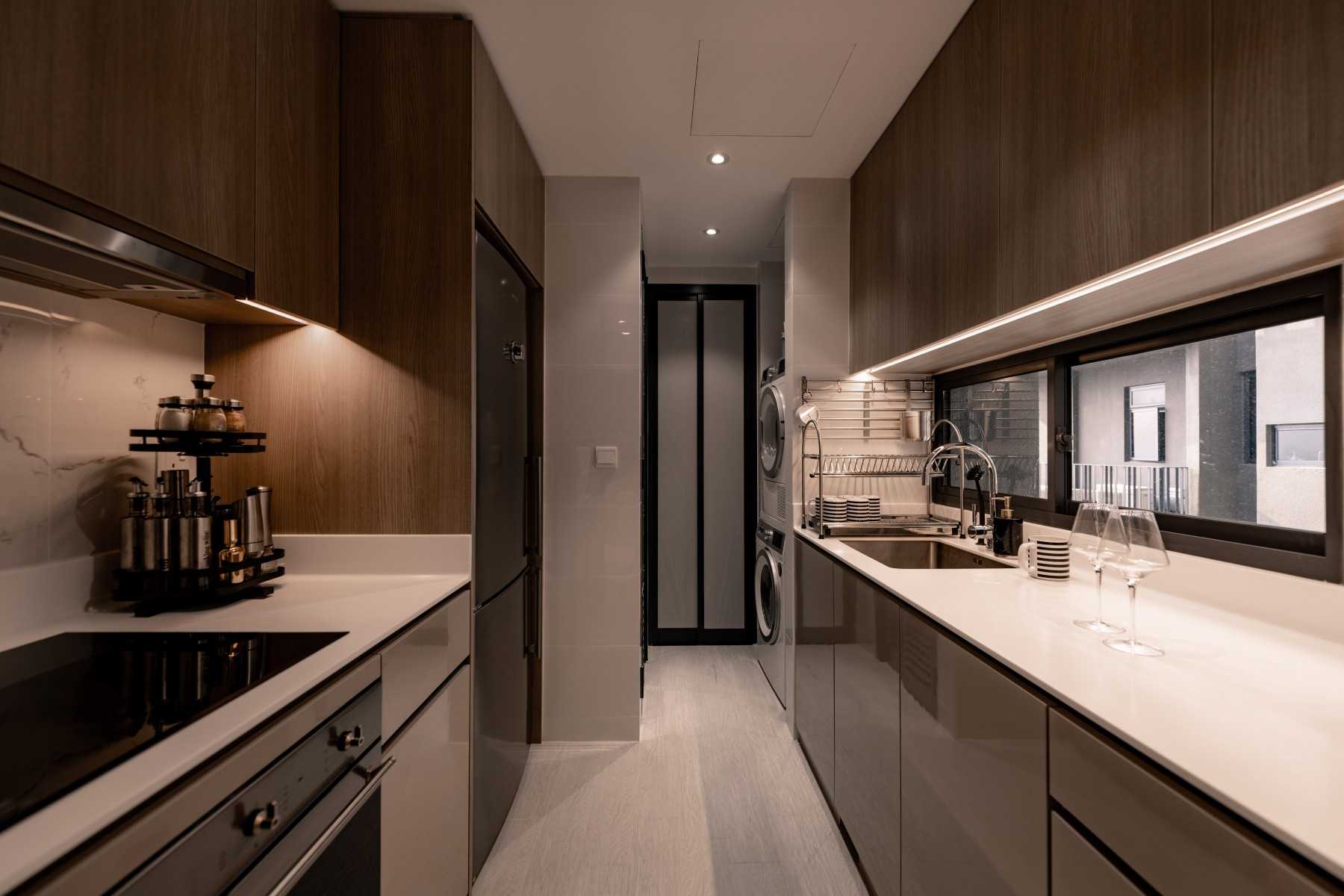Contemporary Kitchen with Kitchen Window and Cove Lighting