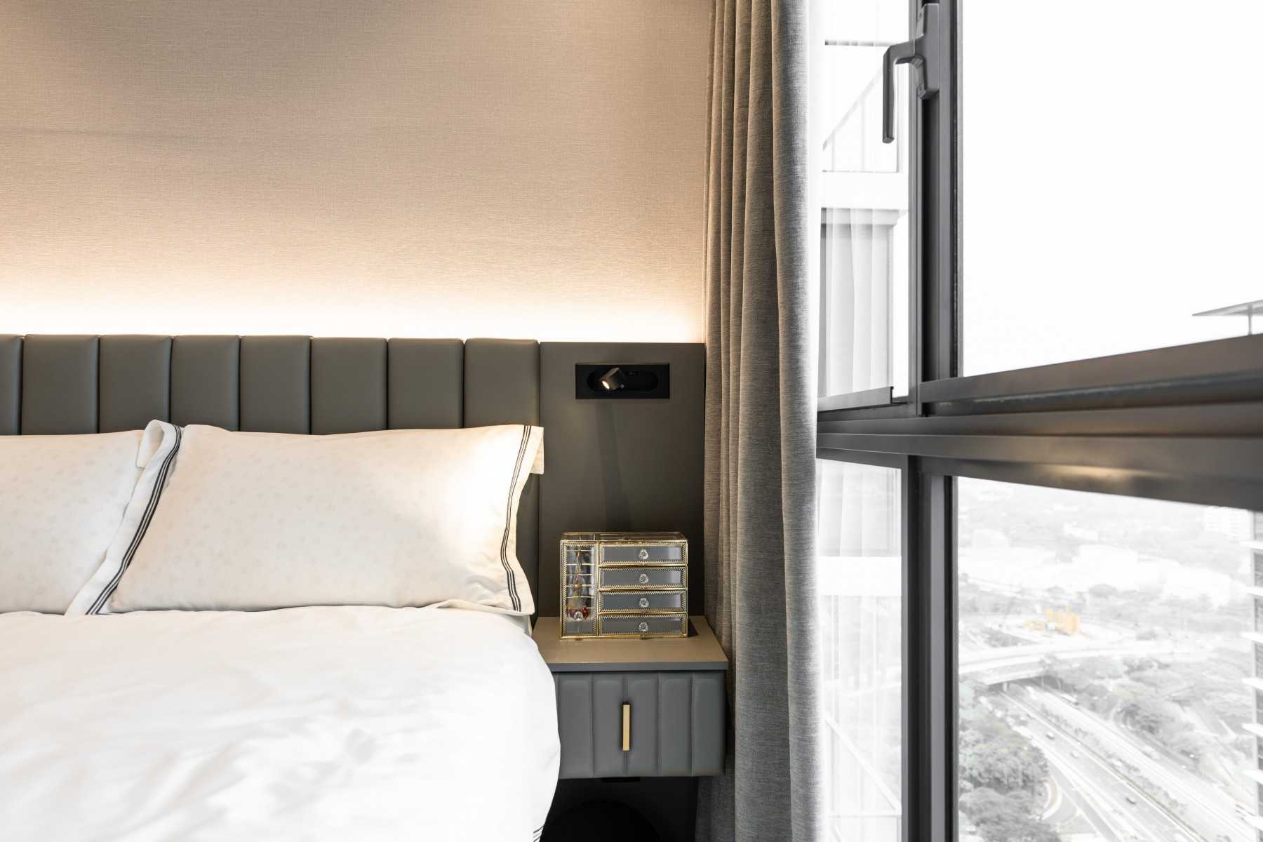 Contemporary Bedroom with Cove Lighting and Built-in Bed