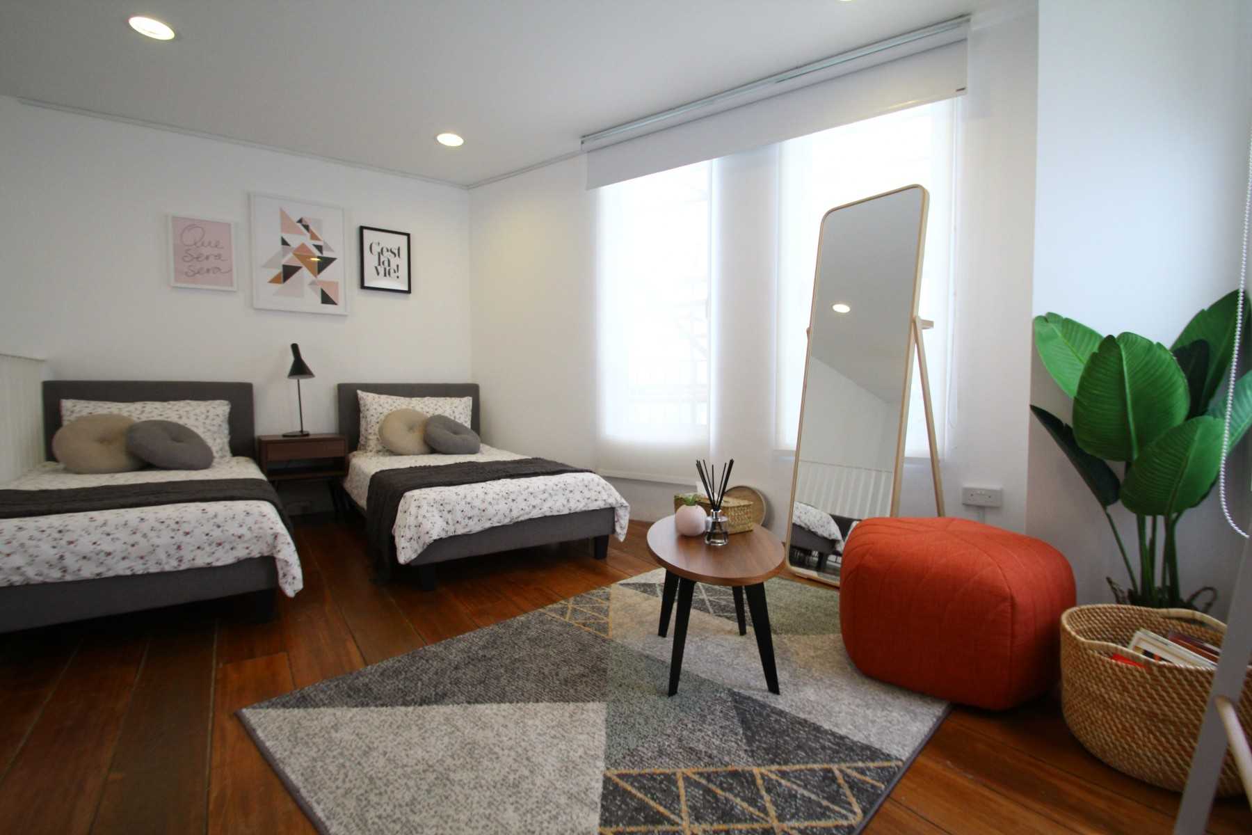 Scandinavian Bedroom with Ceiling Light and Bedside Table