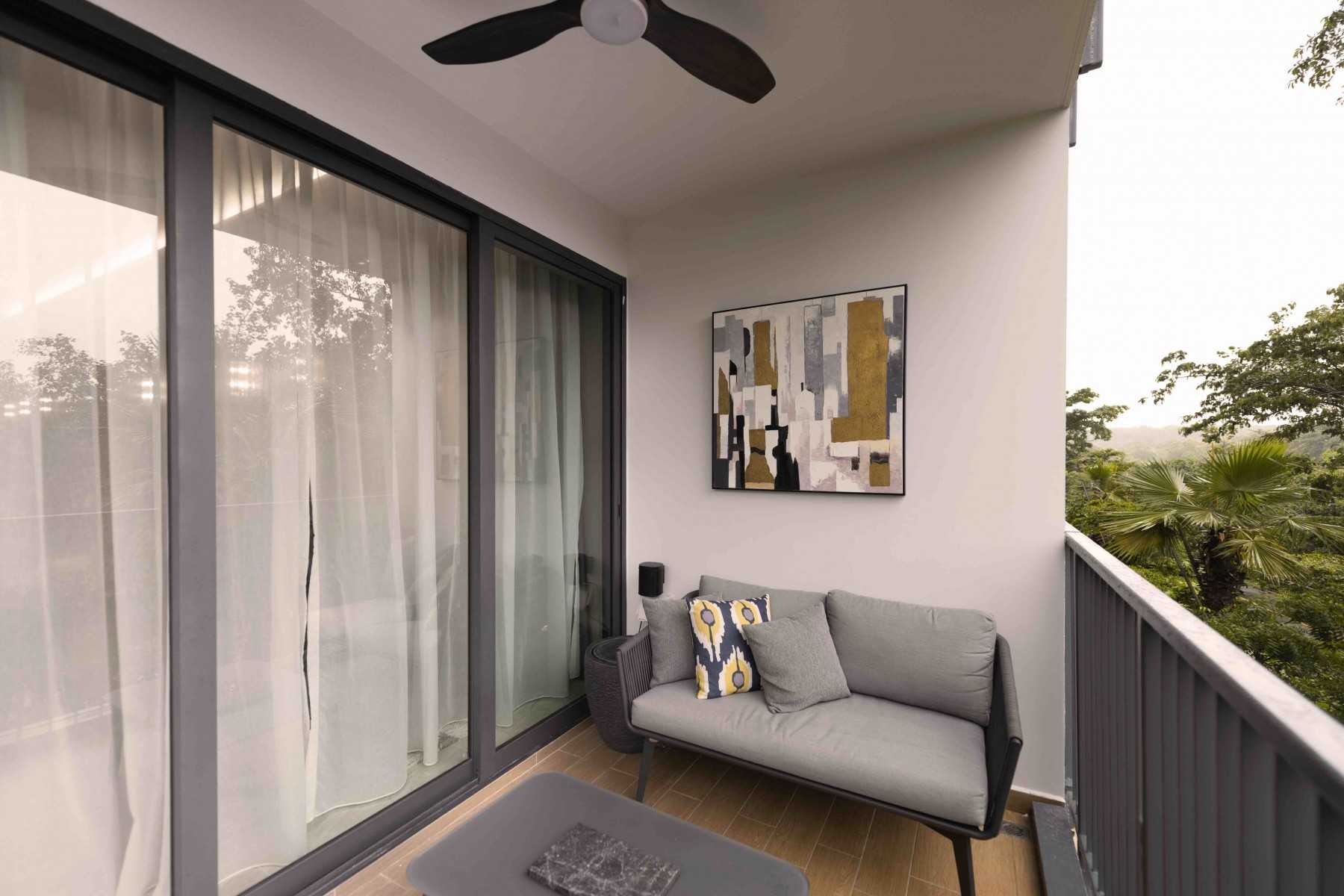 Modern Balcony with Curtain and Outdoor Table