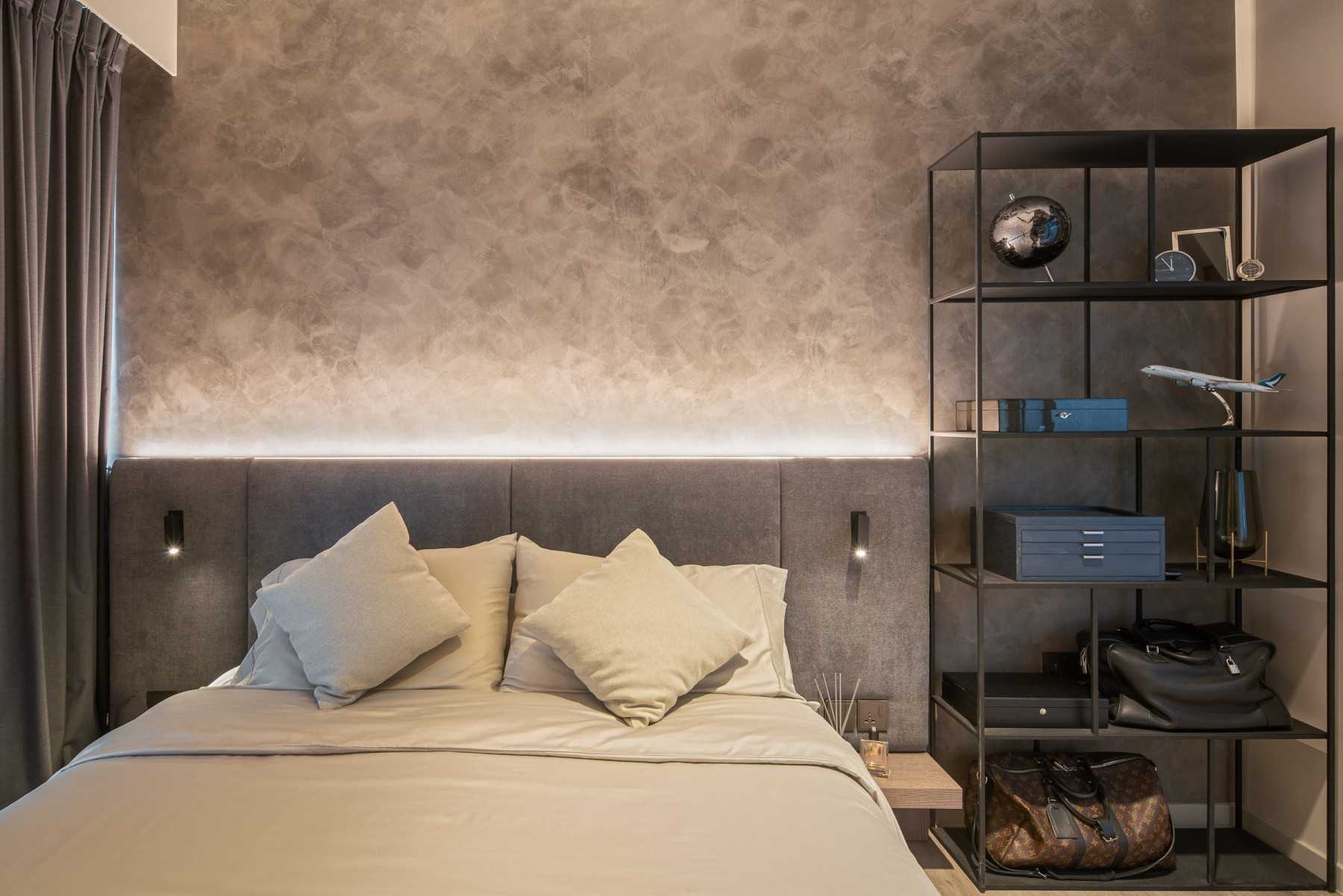 Contemporary Bedroom with Cove Lighting and Built-in Bed