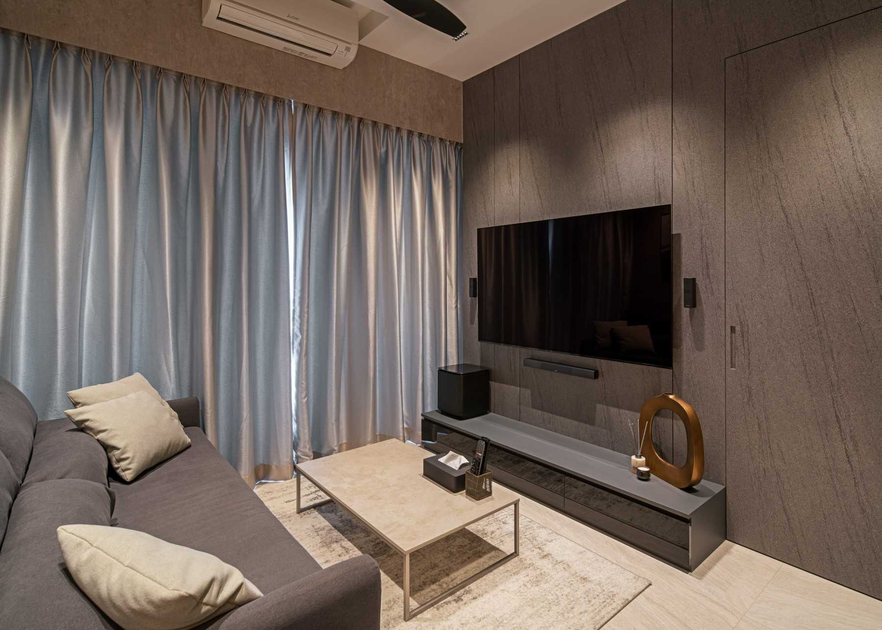 Contemporary Living Room with TV Console and Cove Lighting