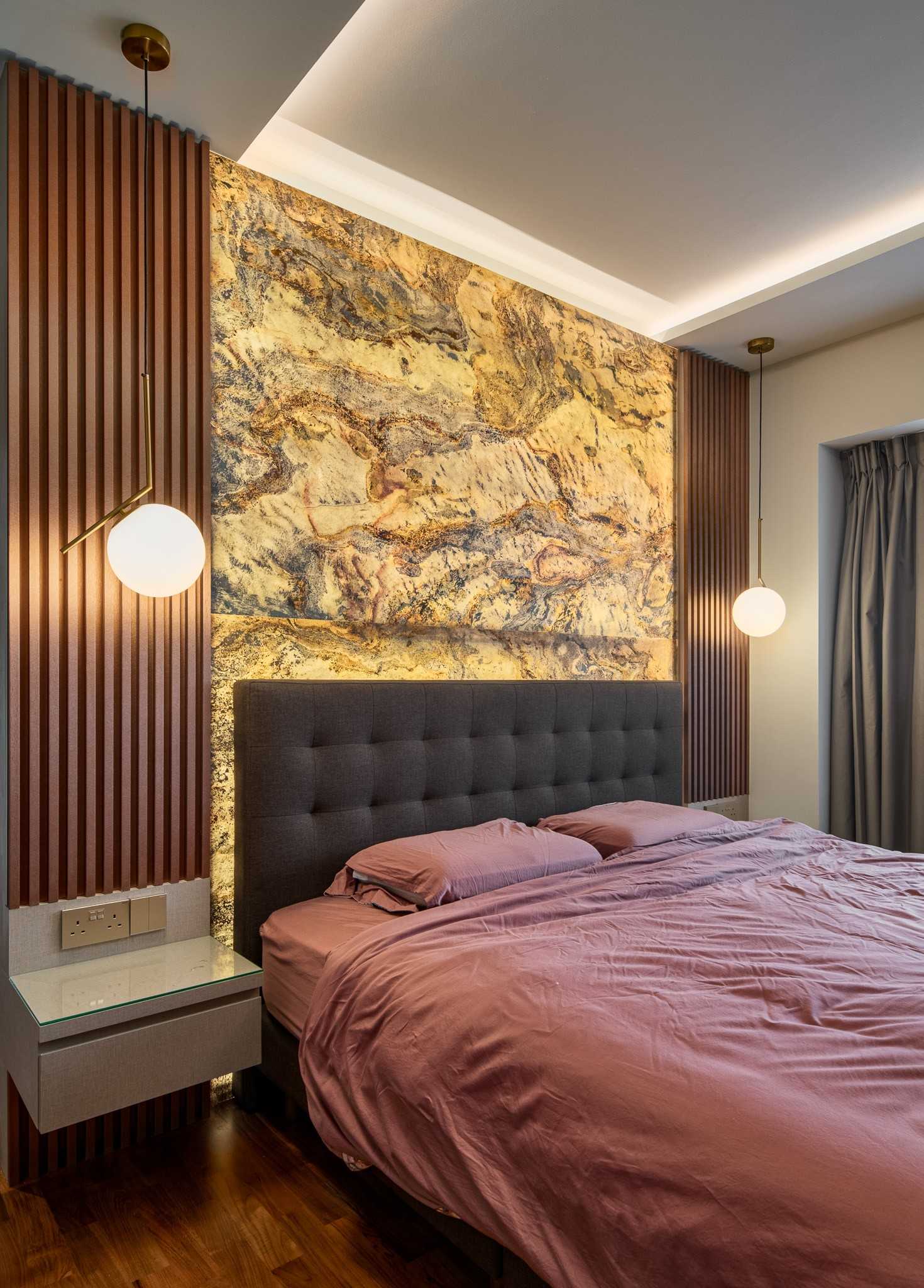 Contemporary Bedroom with Chandelier and Downlights