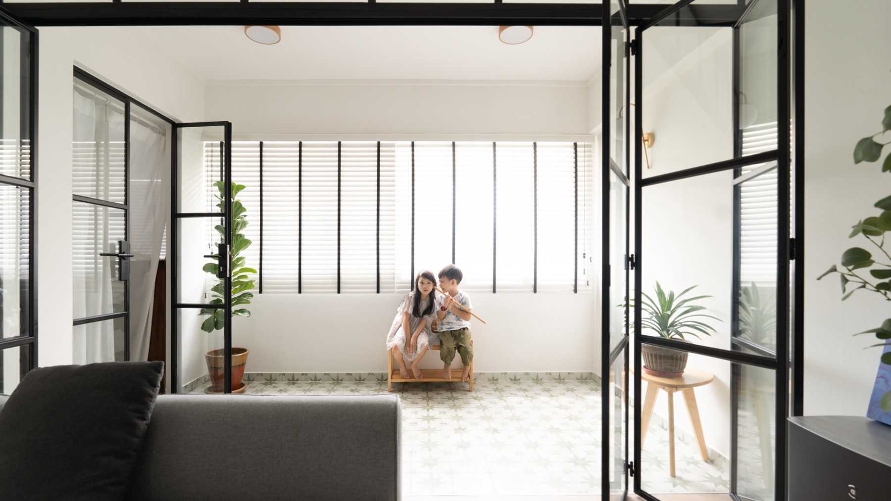Scandinavian Balcony with Bay Window and Window Seat