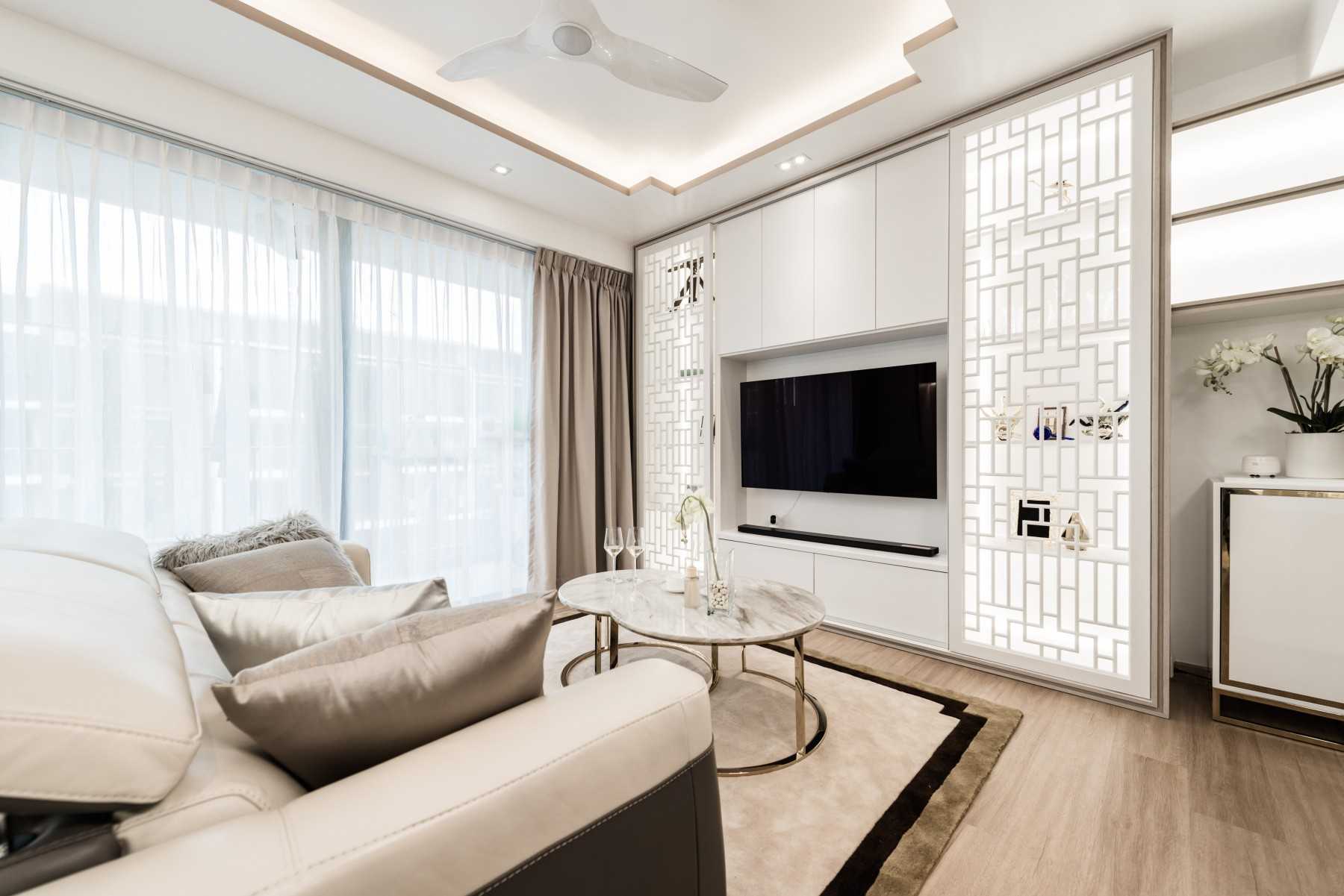 Asian Living Room with TV Console and Sofa