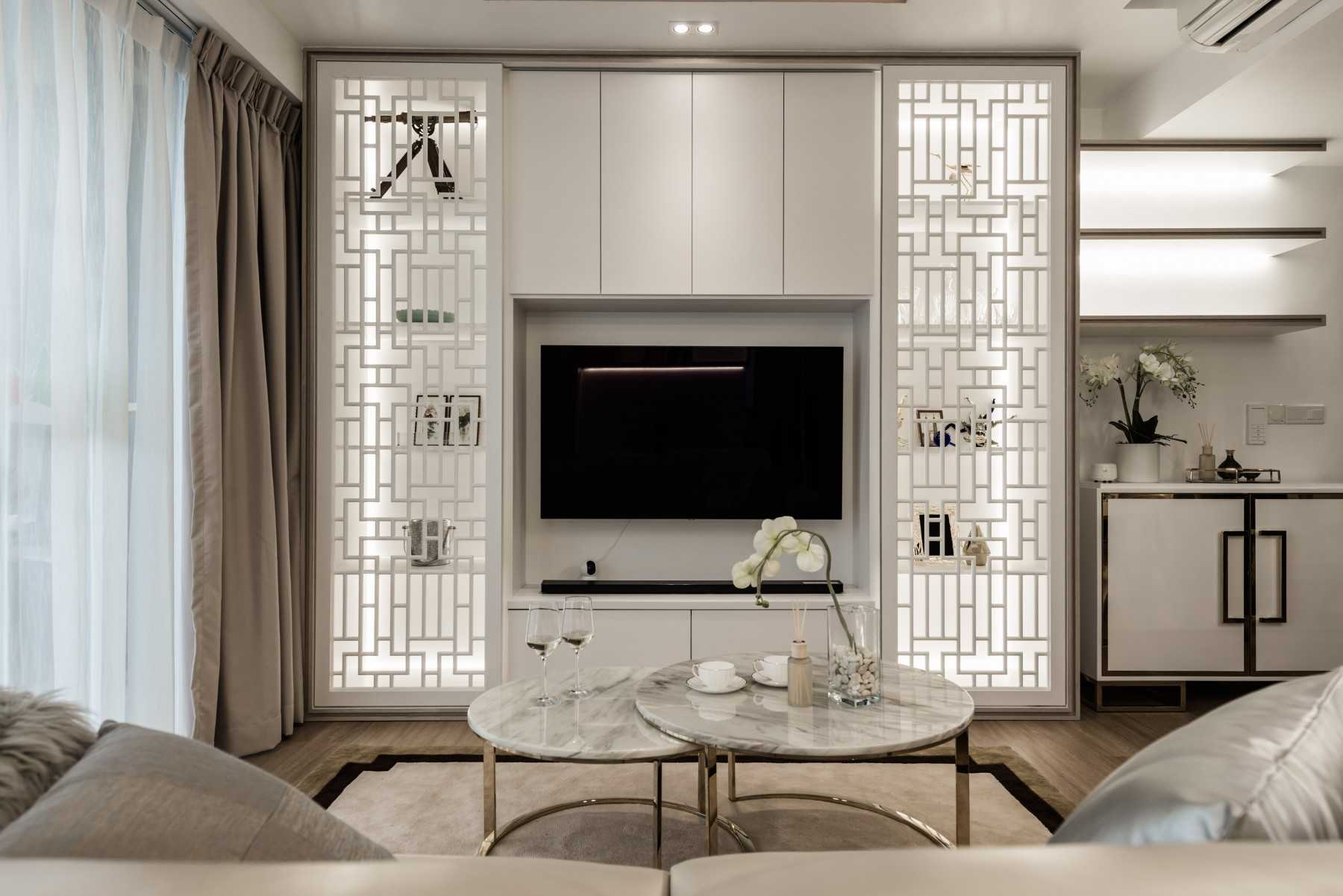 Asian Living Room with TV Console and Feature Wall