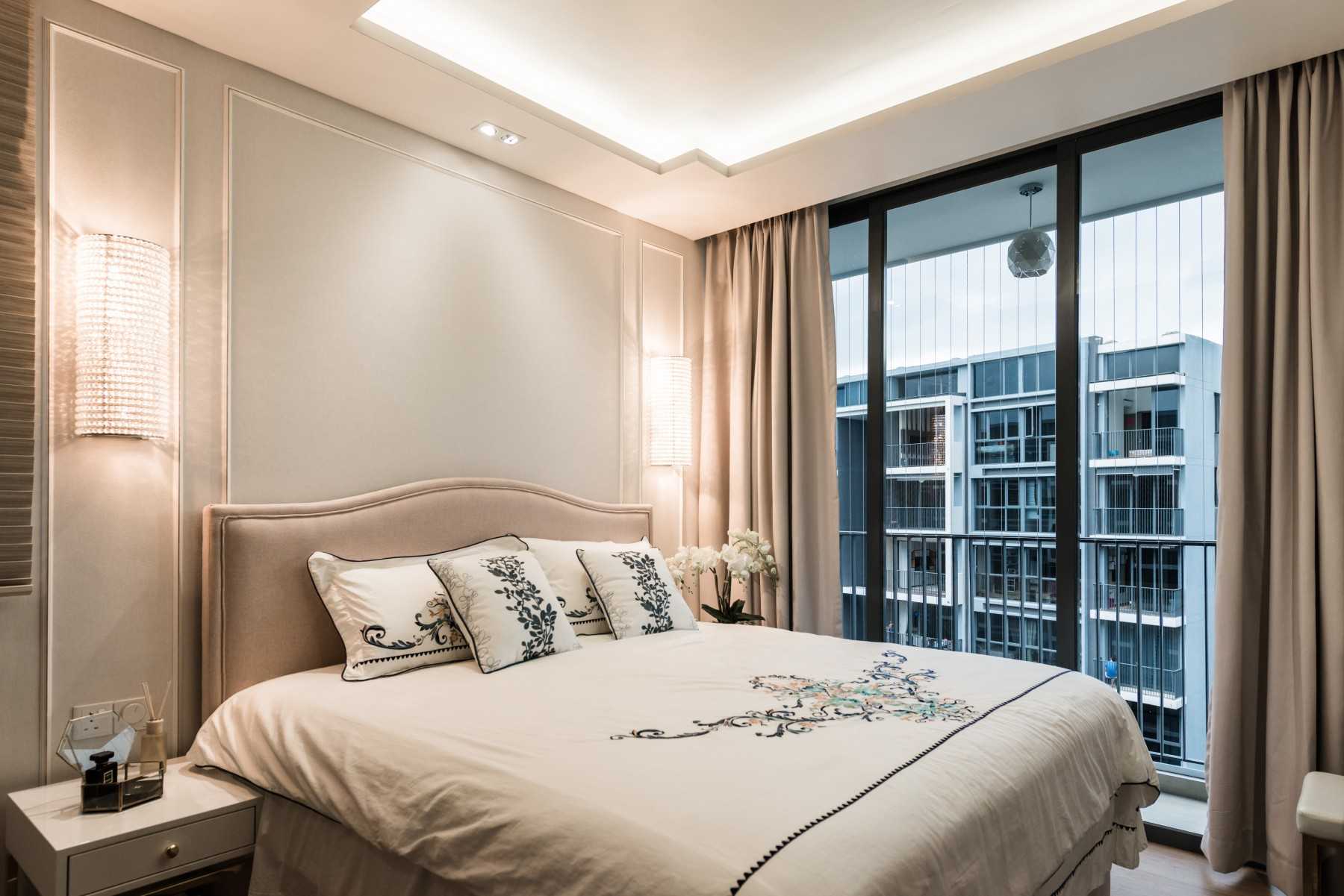 Asian Bedroom with Cove Lighting and Bedside Table