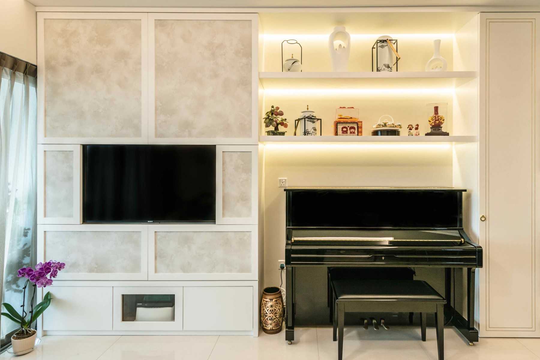 Asian Living Room with Feature Wall and Cove Lighting