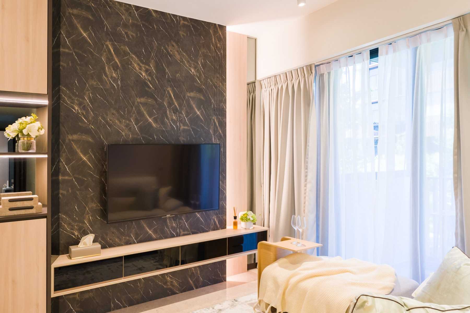 Modern Living Room with Homogeneous Tiles and TV Console