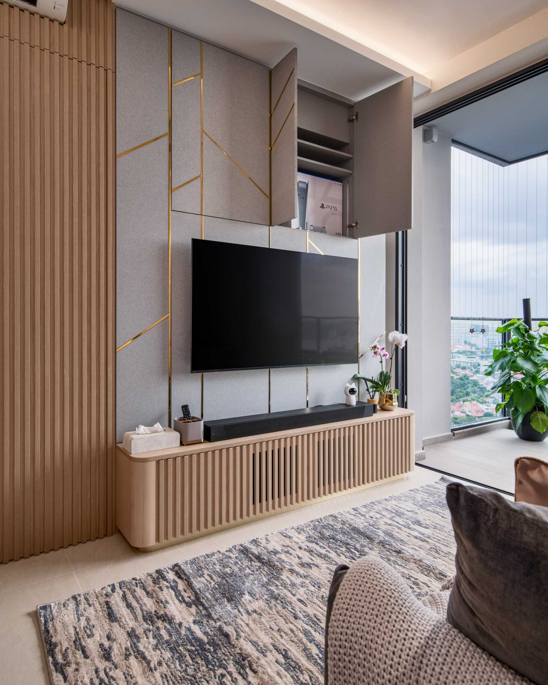 Contemporary Living Room with TV Console and Cove Lighting