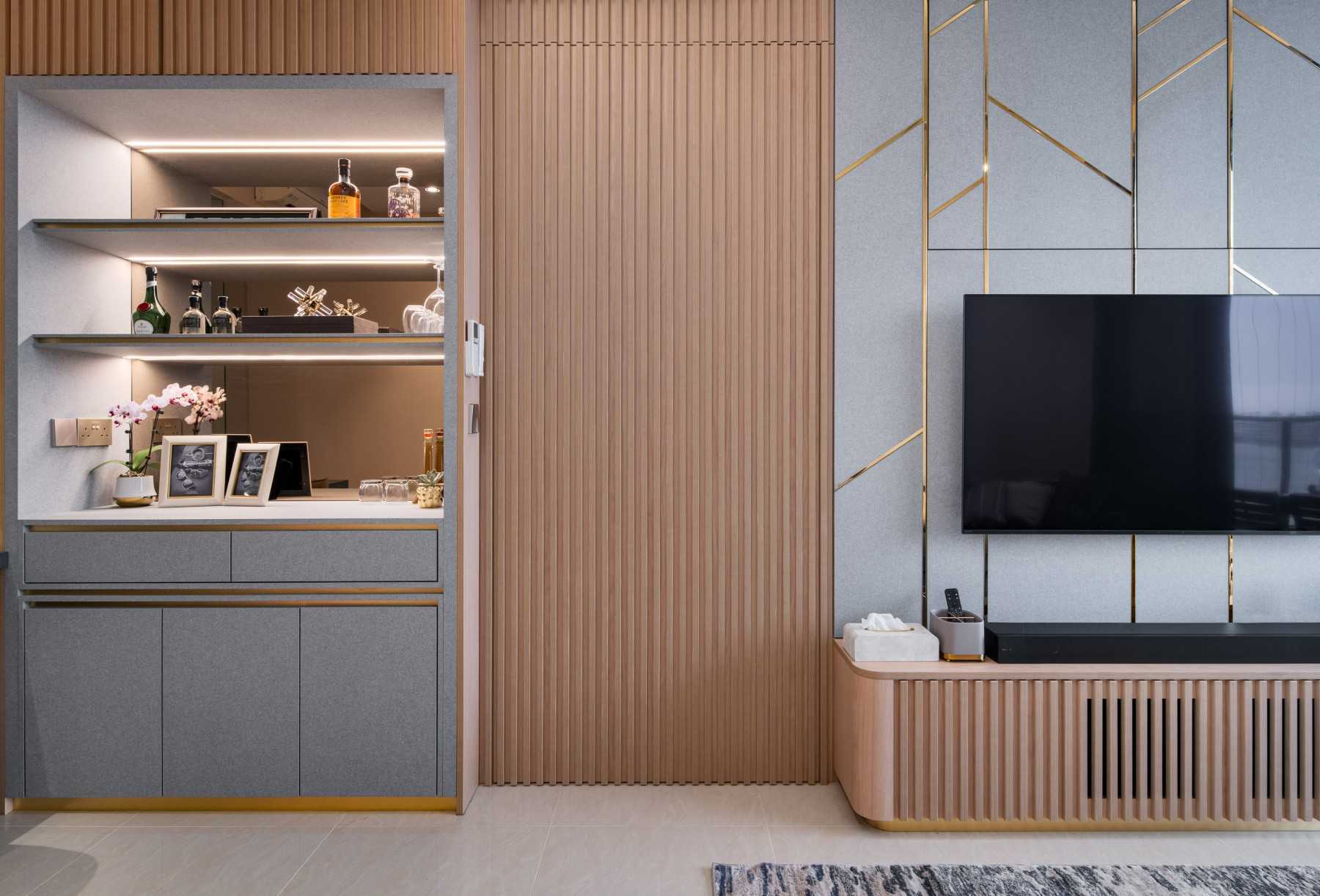 Contemporary Living Room with TV Console and Mirror