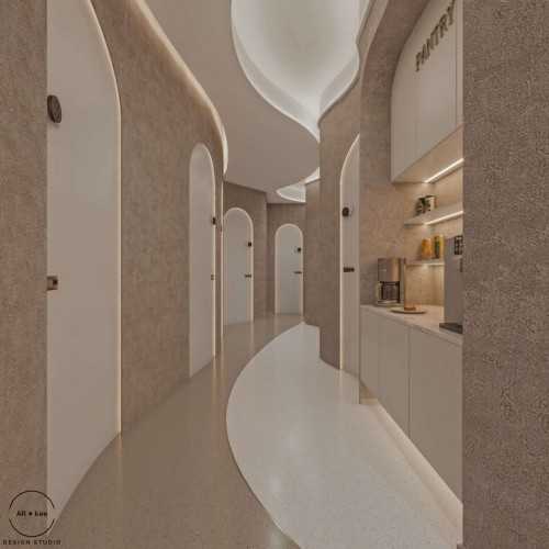 Minimalist Hallway at Curvaceous Cocoon Clinic Design