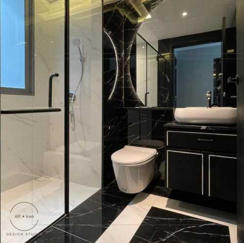 Modern Bathroom at Dark Apartment With Modern Luxury Design