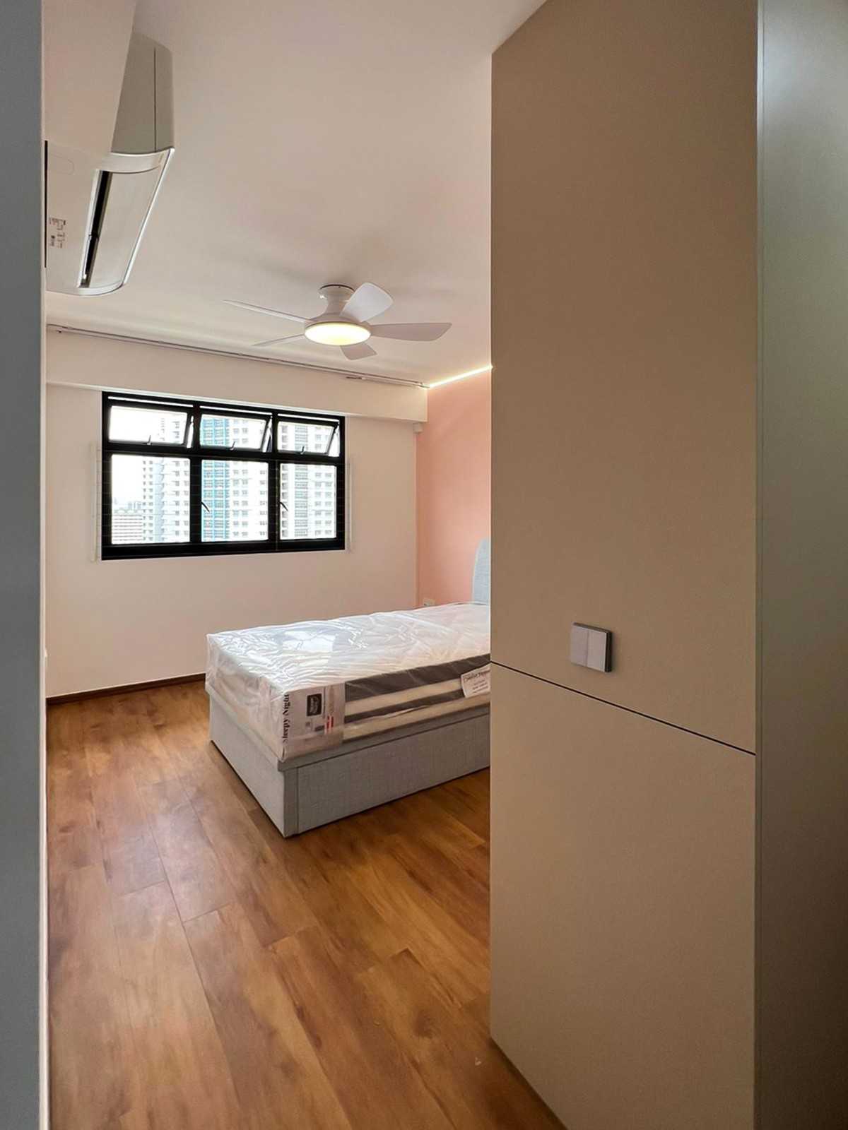 Scandinavian Bedroom with Wardrobe and Window Grille