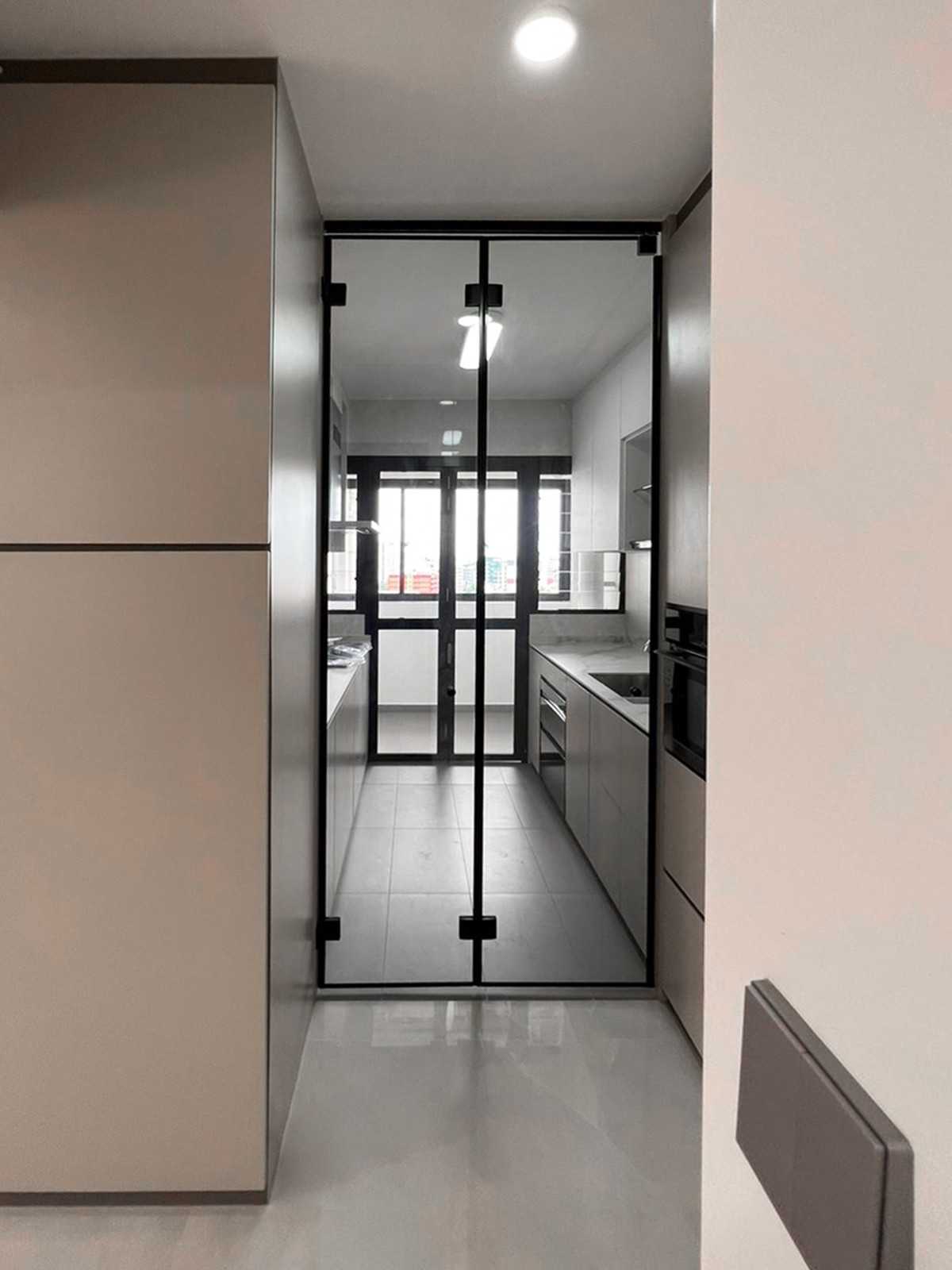 Scandinavian Kitchen with Glass Door and Paintings