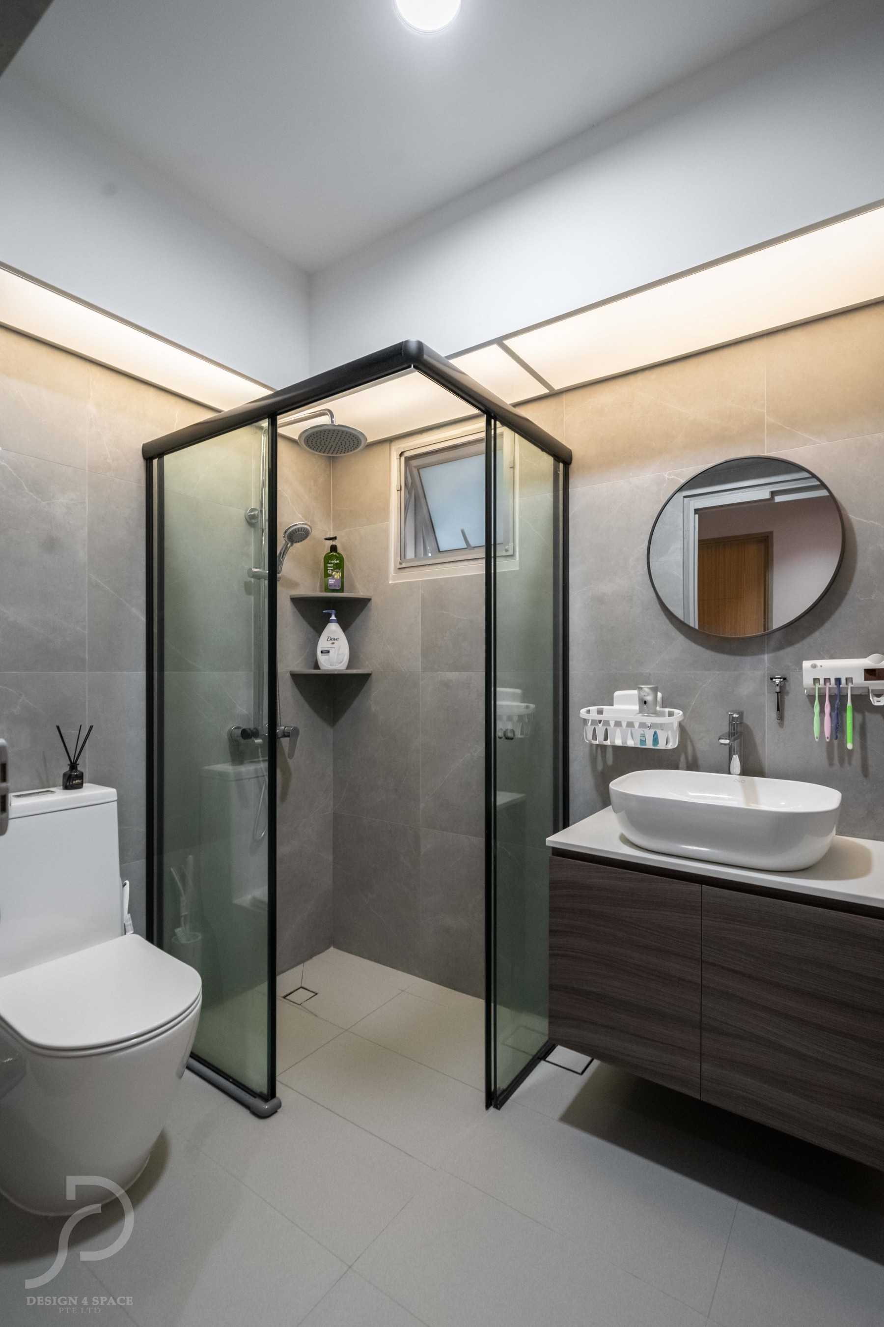 Modern Bathroom with Homogeneous Tiles and Herringbone Tiling