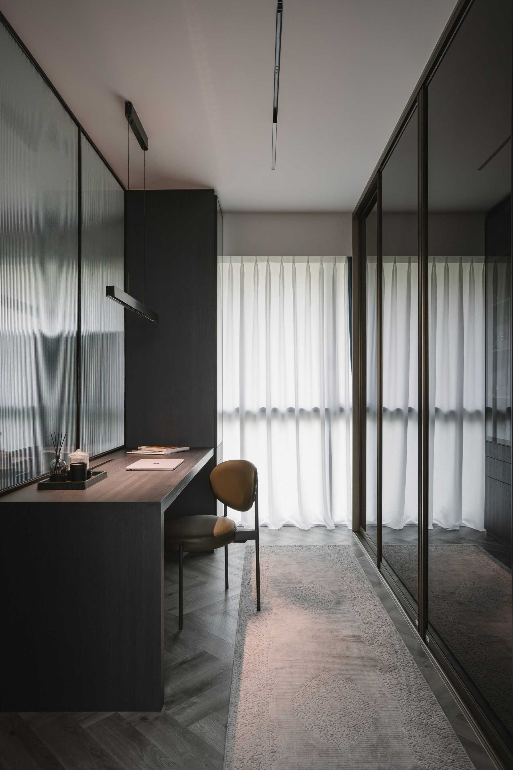 Modern Bedroom with Herringbone Tiling and Wardrobe