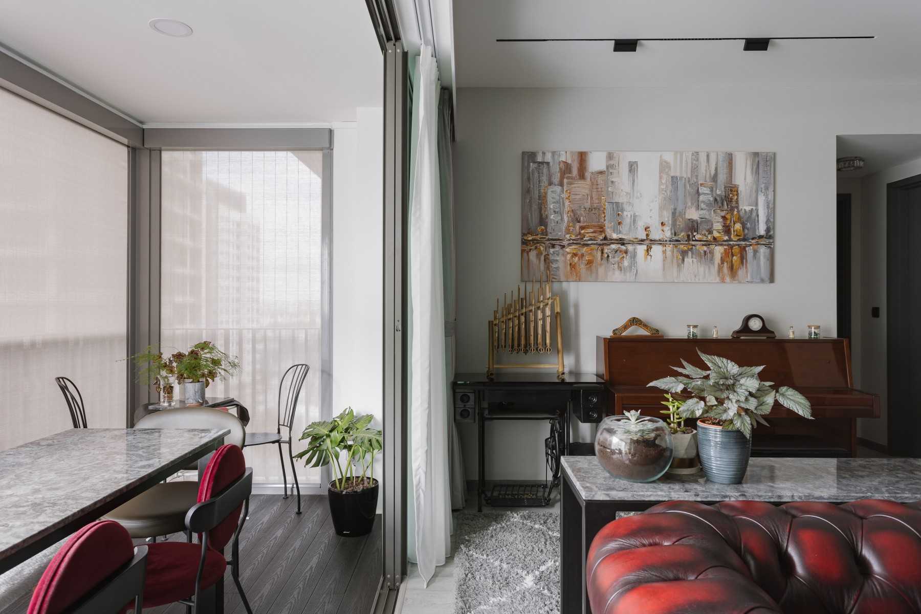 Modern Balcony with Window Shutters and Curtain