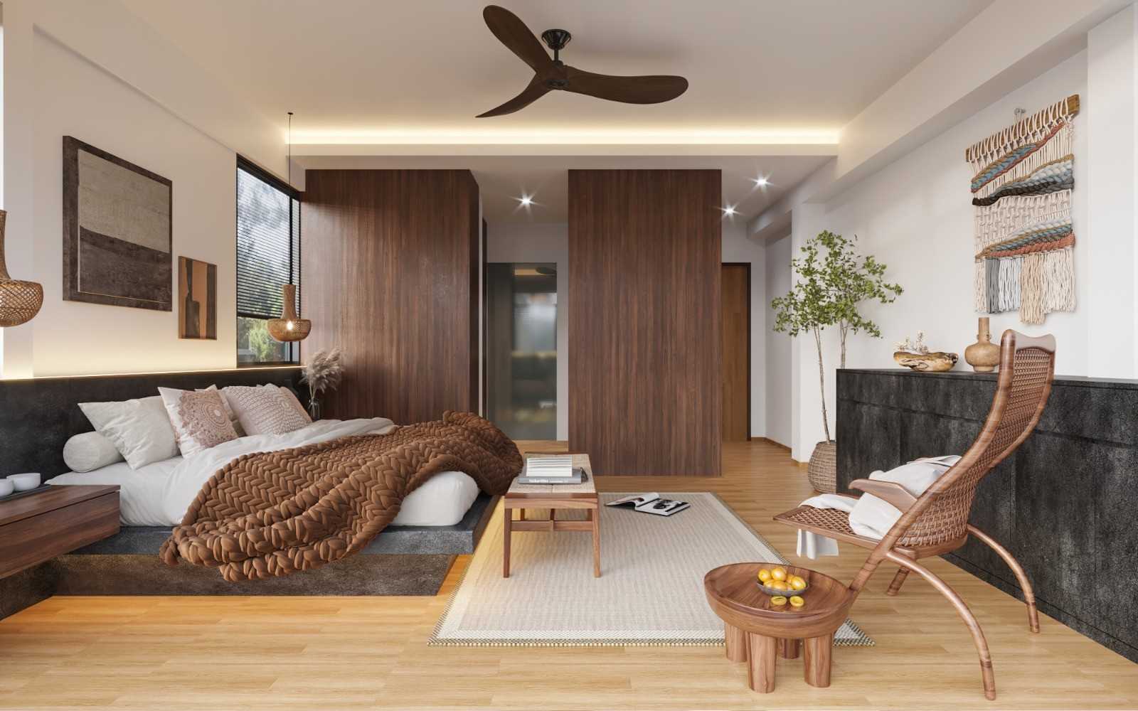 Contemporary Bedroom with Parquet Floor and Cove Lighting