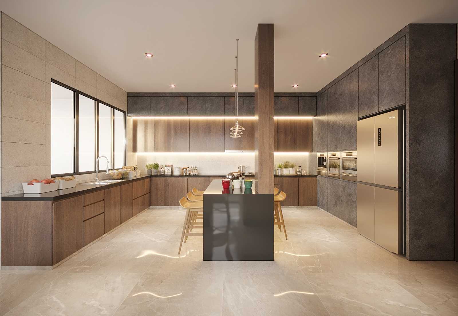 Contemporary Kitchen with Homogeneous Tiles and Kitchen Island