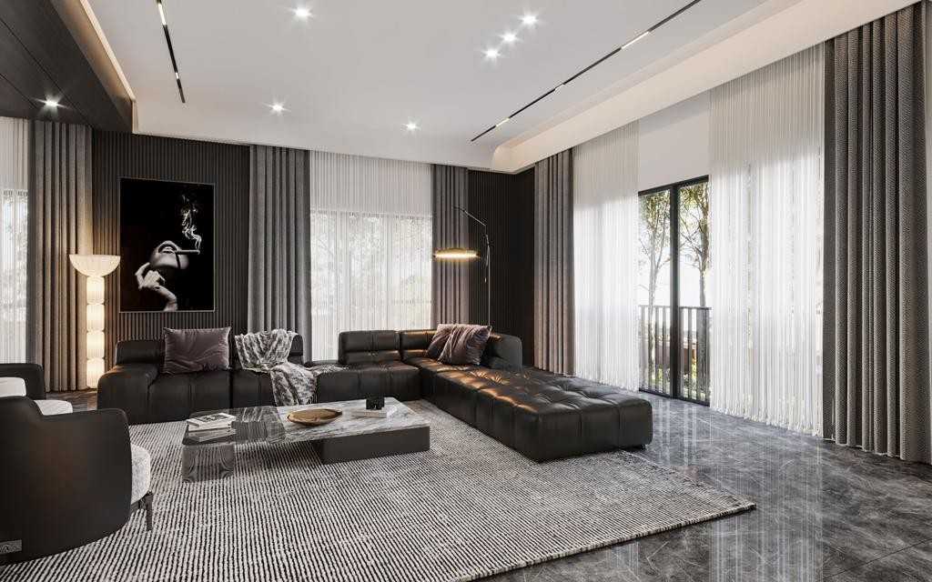 Contemporary Living Room with Homogeneous Tiles and Marble Floor