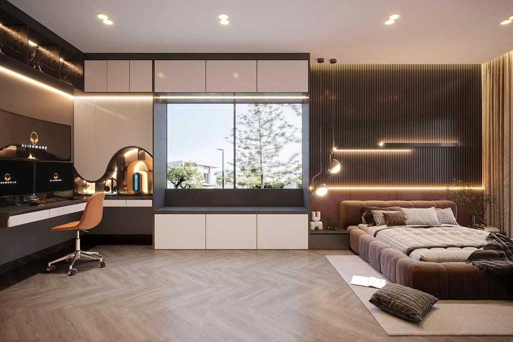 Contemporary Bedroom with Settee and Parquet Floor