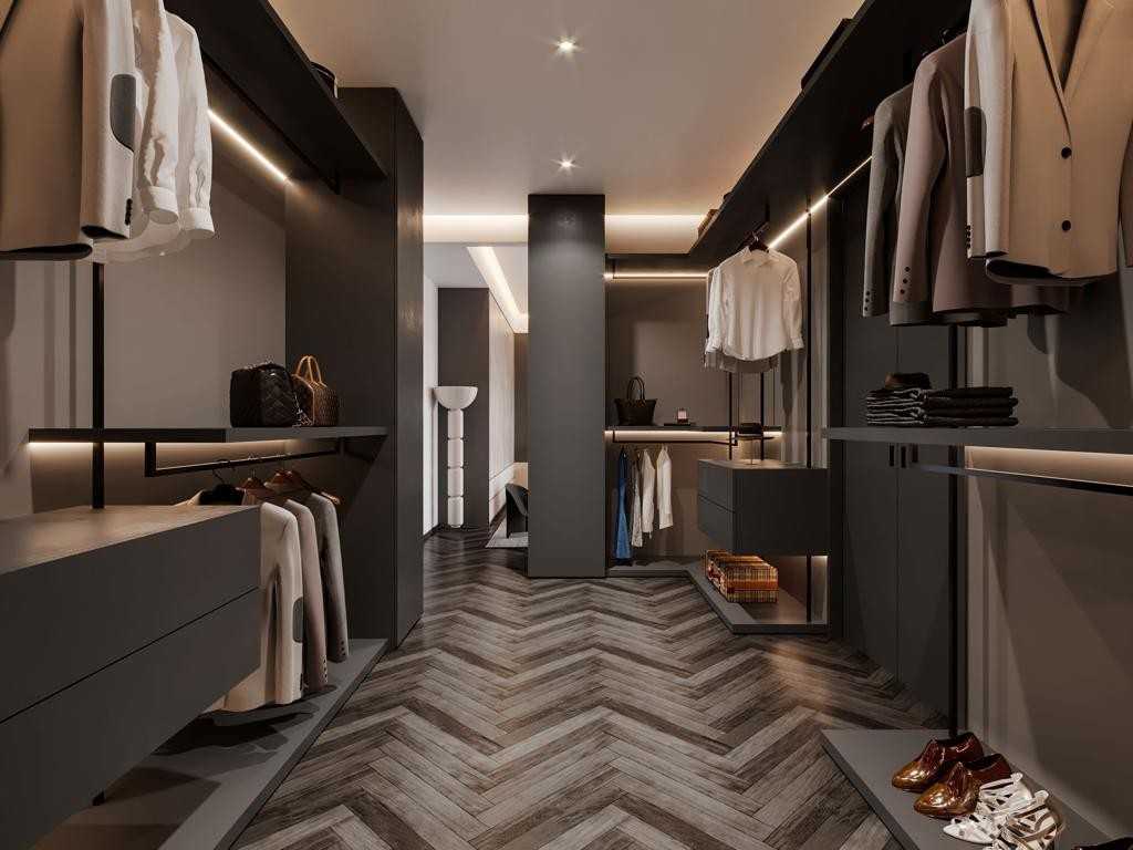 Contemporary Walk-in Wardrobe with Herringbone Tiling and Mirror