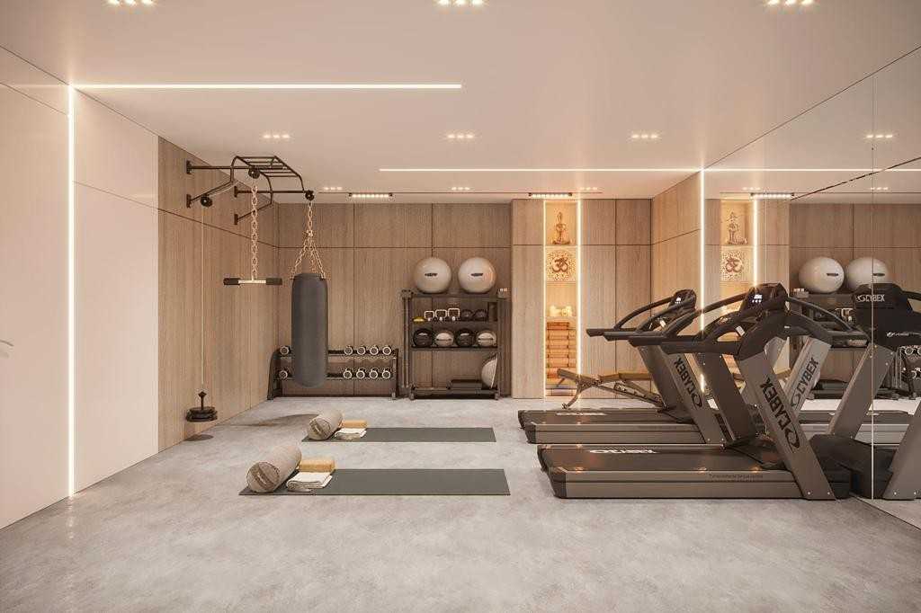 Contemporary Home Gym with Feature Wall and Mirror