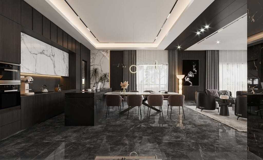 Contemporary Kitchen with Homogeneous Tiles and Kitchen Island